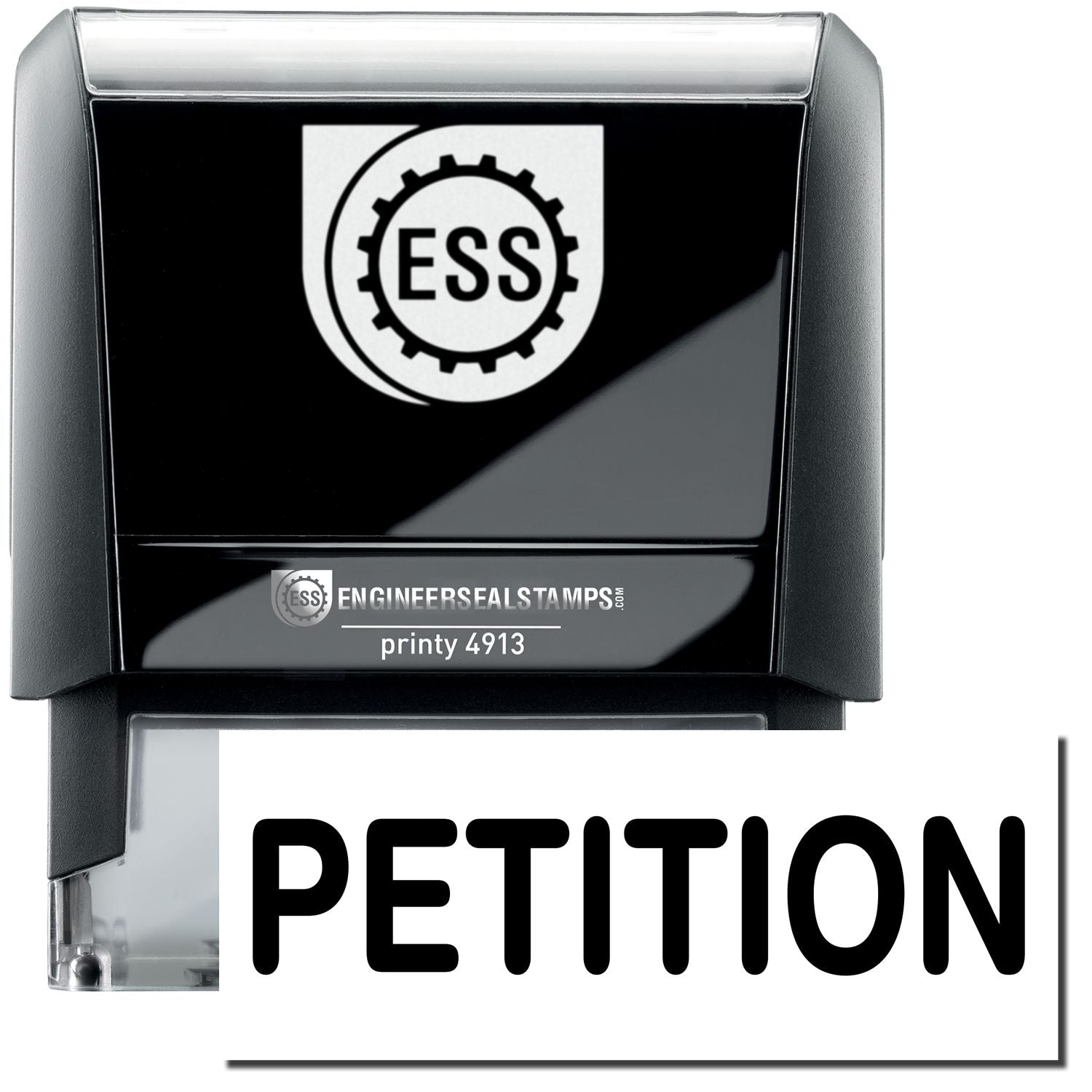 A self-inking stamp with a stamped image showing how the text PETITION in a large bold font is displayed by it.