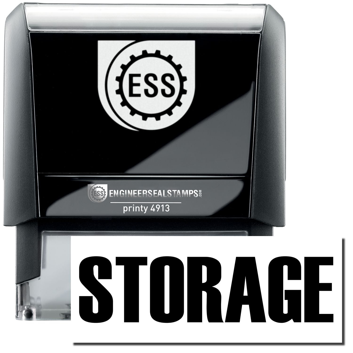 A self-inking stamp with a stamped image showing how the text STORAGE in a large bold font is displayed by it.