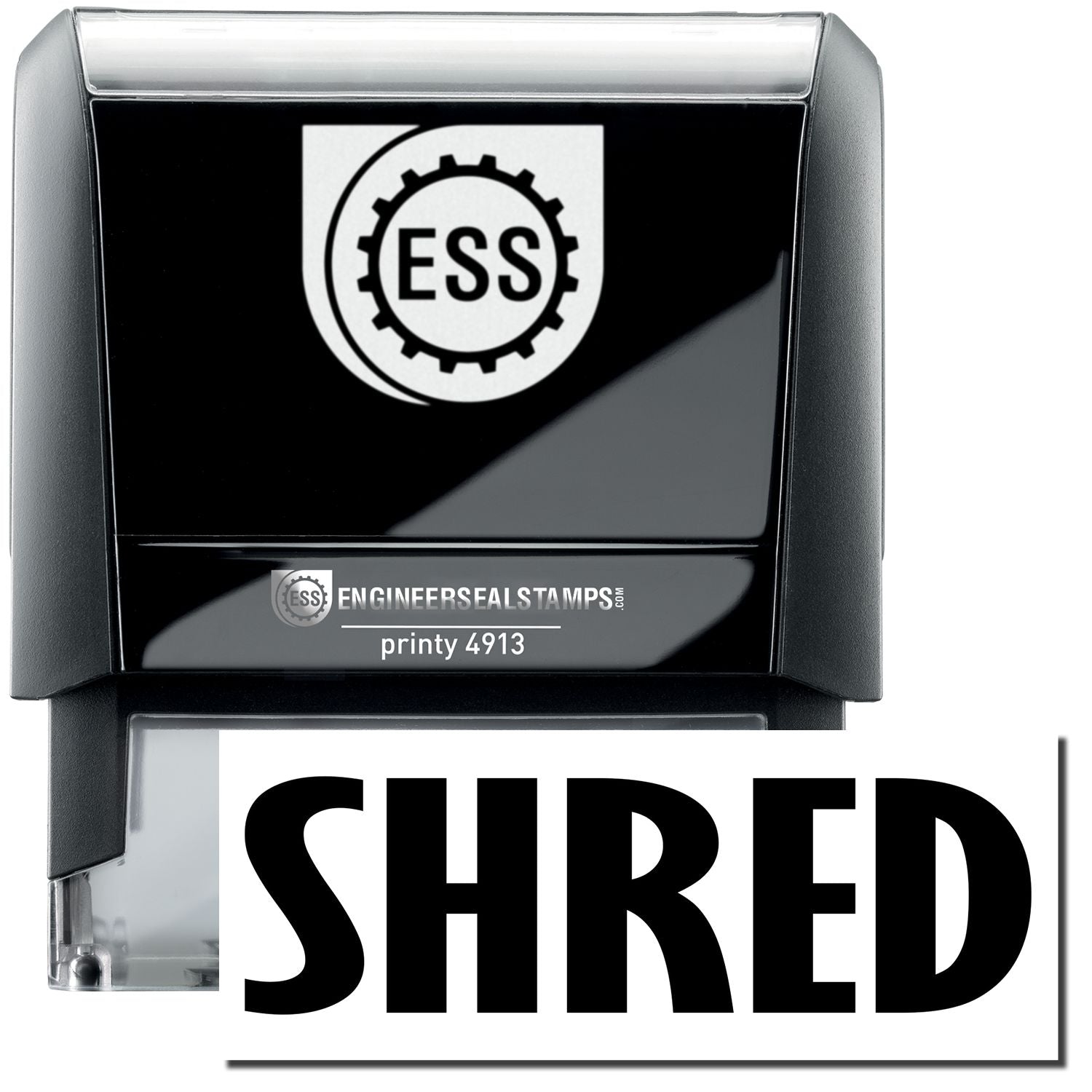 A self-inking stamp with a stamped image showing how the text SHRED in a large bold font is displayed by it.