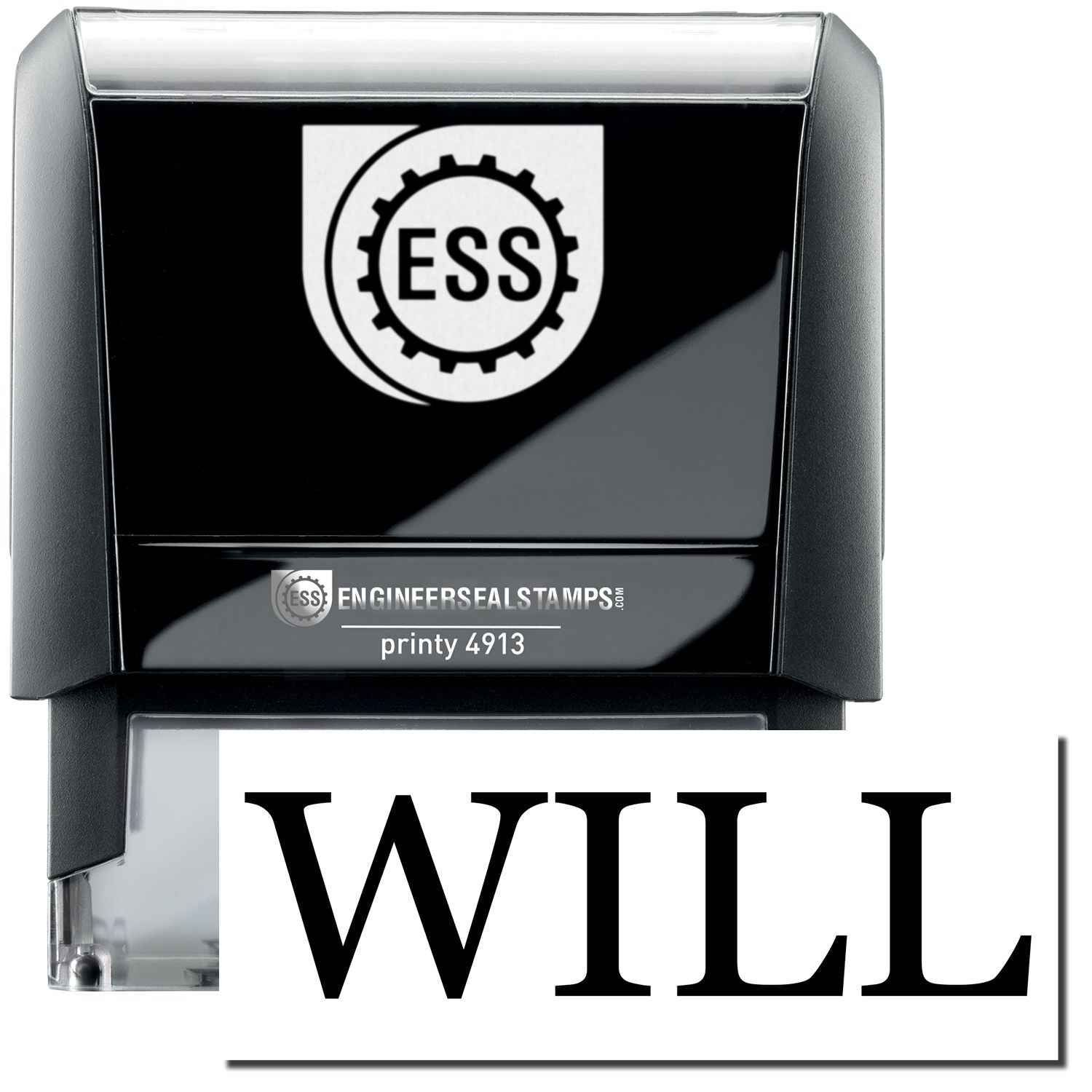 A self-inking stamp with a stamped image showing how the text WILL in a large bold font is displayed by it.