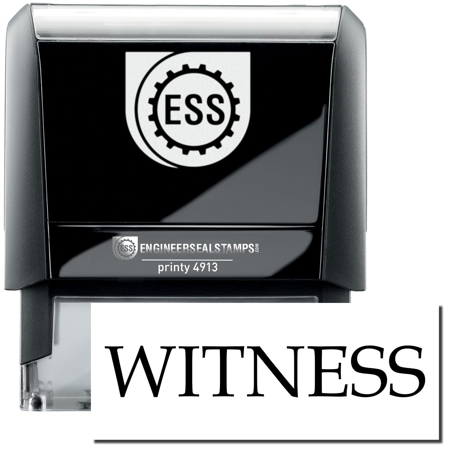 A self-inking stamp with a stamped image showing how the text WITNESS in a large bold font is displayed by it.