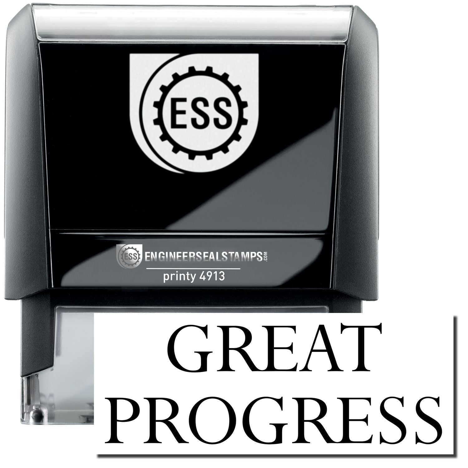 A self-inking stamp with a stamped image showing how the text GREAT PROGRESS in a large bold font is displayed by it.