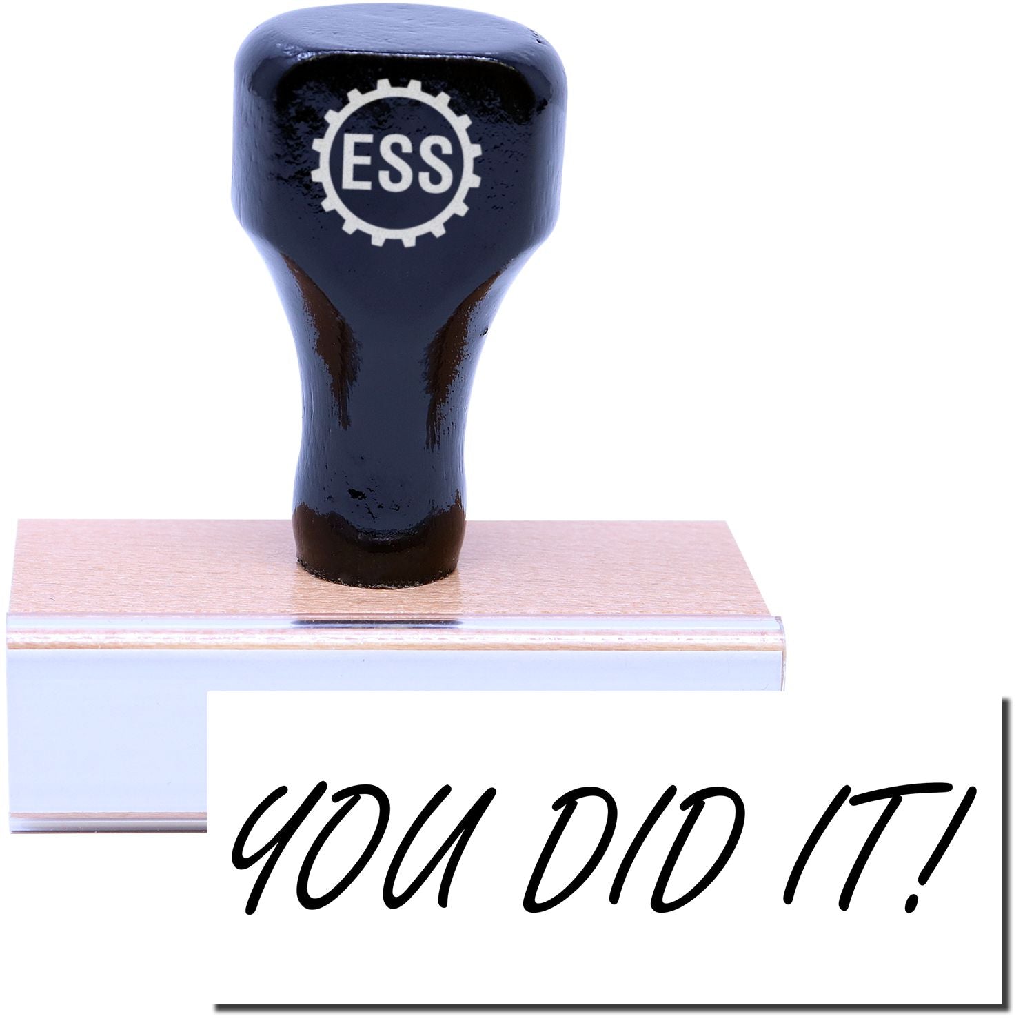 A stock office rubber stamp with a stamped image showing how the text YOU DID IT! in a large font is displayed after stamping.