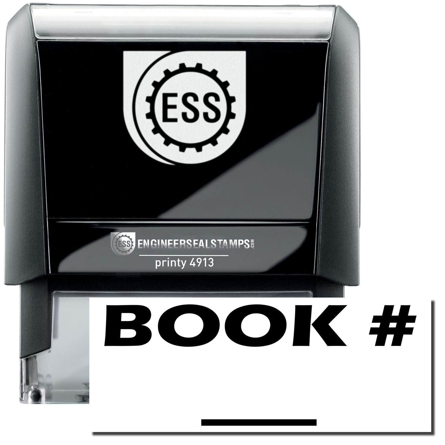 A self-inking stamp with a stamped image showing how the text BOOK # ____ in a large bold font is displayed by it.