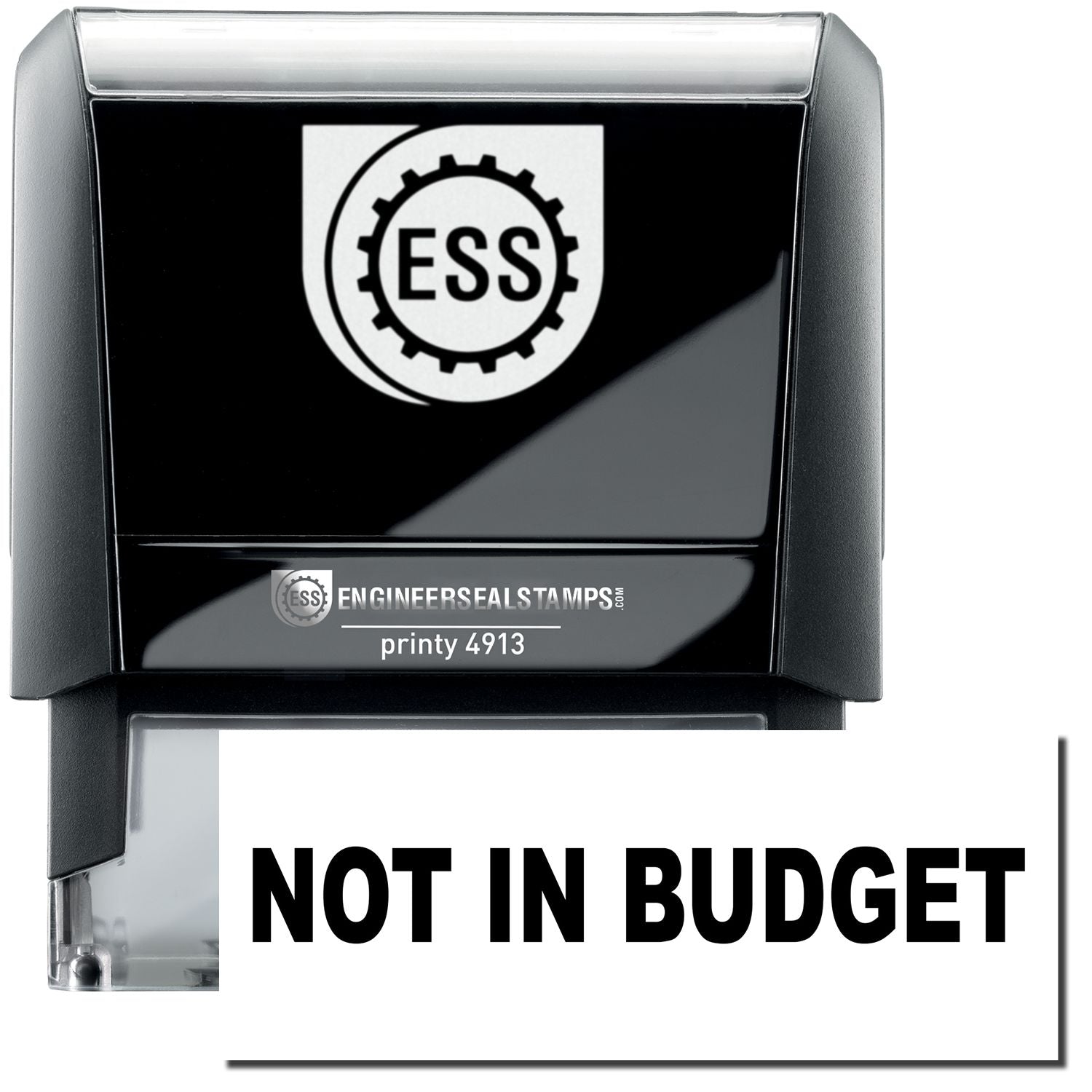 A self-inking stamp with a stamped image showing how the text "NOT IN BUDGET" in a large bold font is displayed by it.