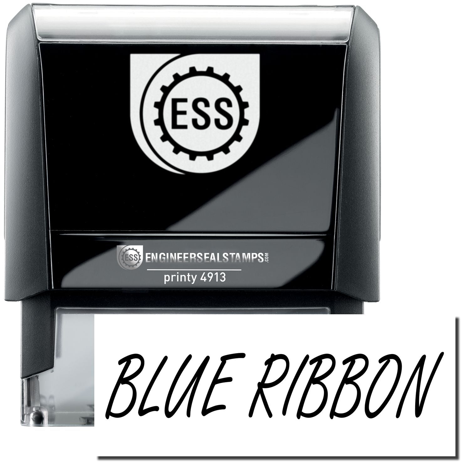 A self-inking stamp with a stamped image showing how the text BLUE RIBBON in an italic large bold font is displayed by it.