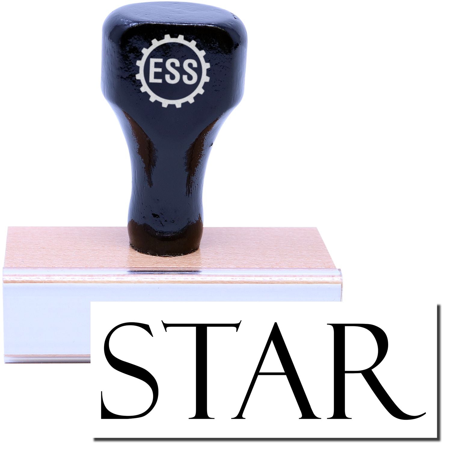 A stock office rubber stamp with a stamped image showing how the text STAR in a large font is displayed after stamping.