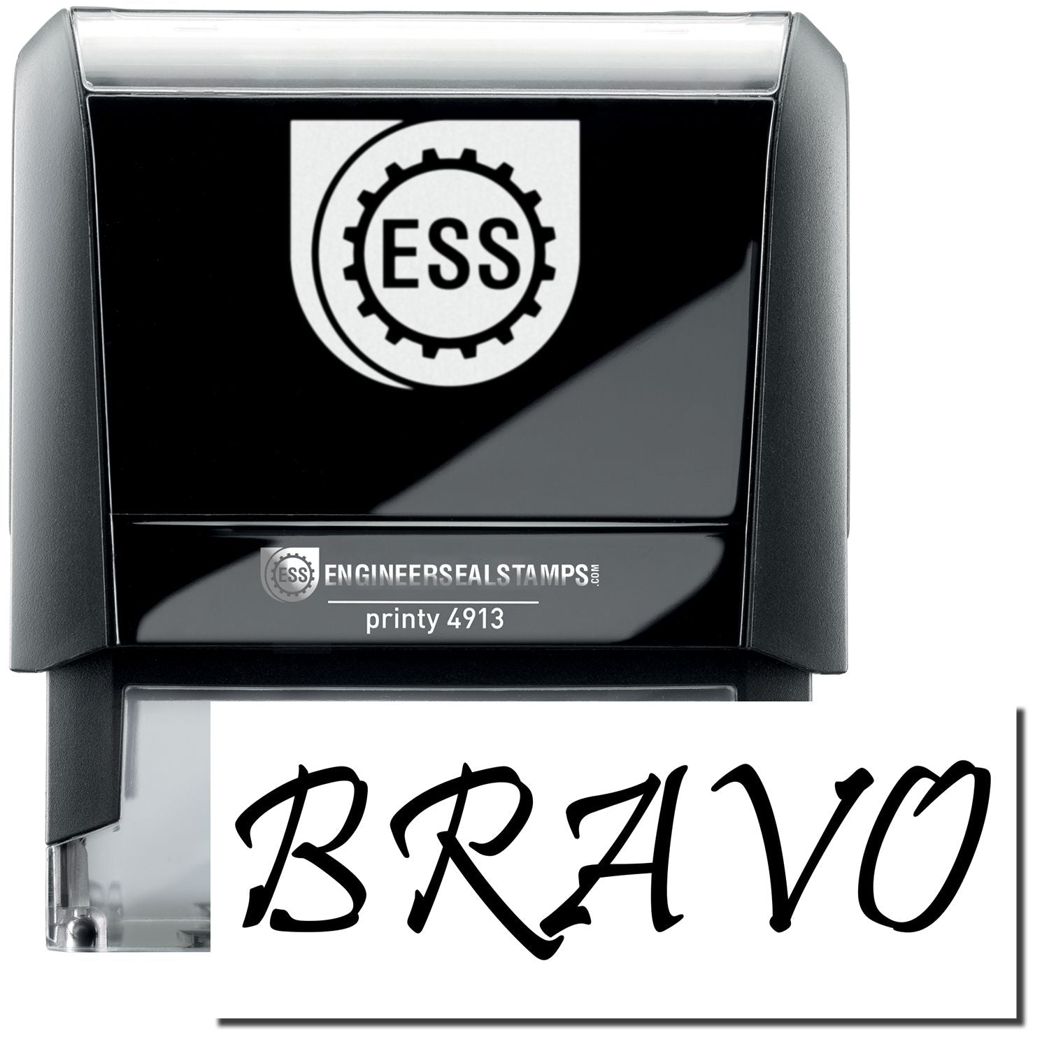 A self-inking stamp with a stamped image showing how the text "BRAVO" in a large bold font is displayed by it.