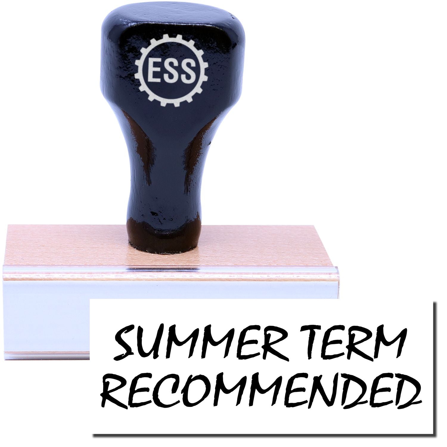 A stock office rubber stamp with a stamped image showing how the text "SUMMER TERM RECOMMENDED" in a large font is displayed after stamping.