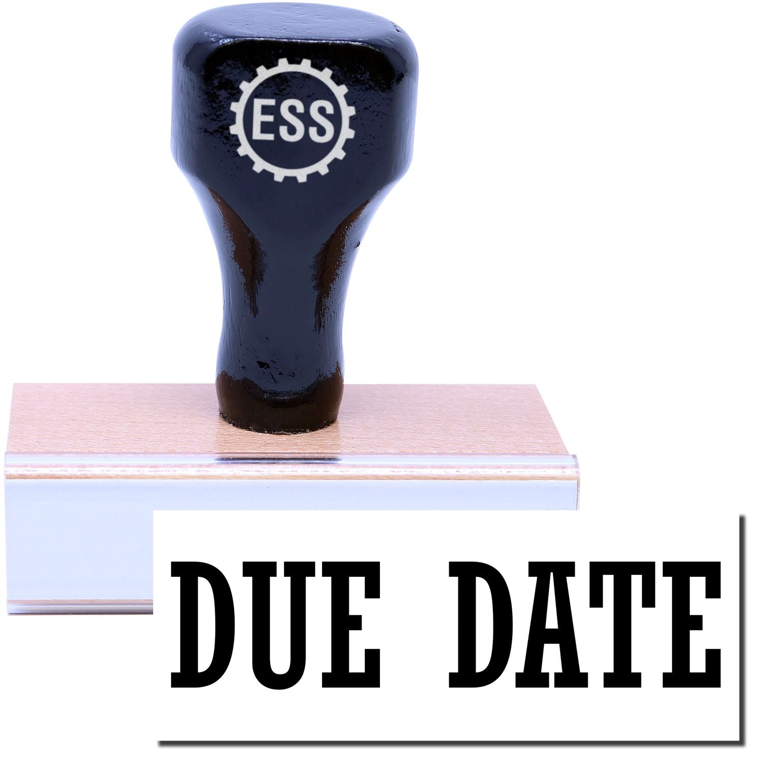 A stock office rubber stamp with a stamped image showing how the text DUE DATE in a large font is displayed after stamping.