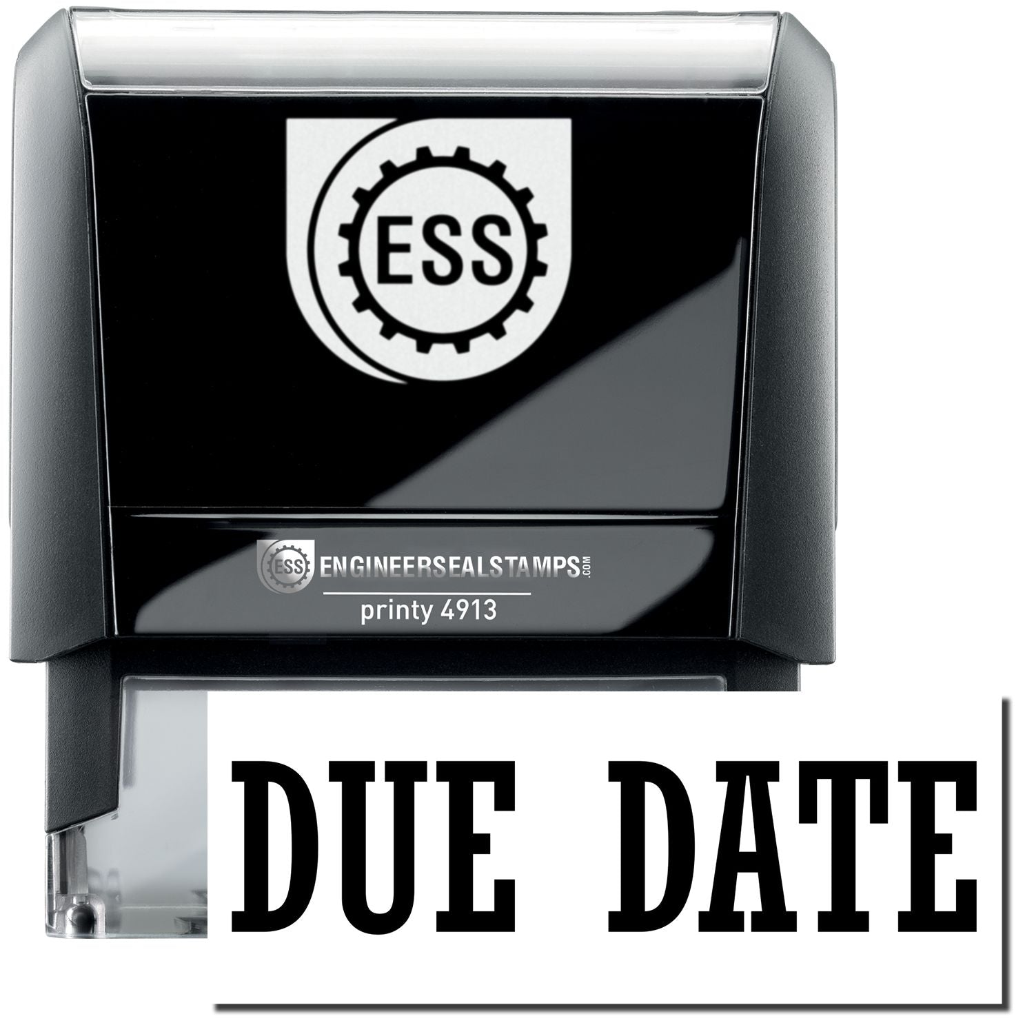 A self-inking stamp with a stamped image showing how the text DUE DATE in a large bold font is displayed by it.