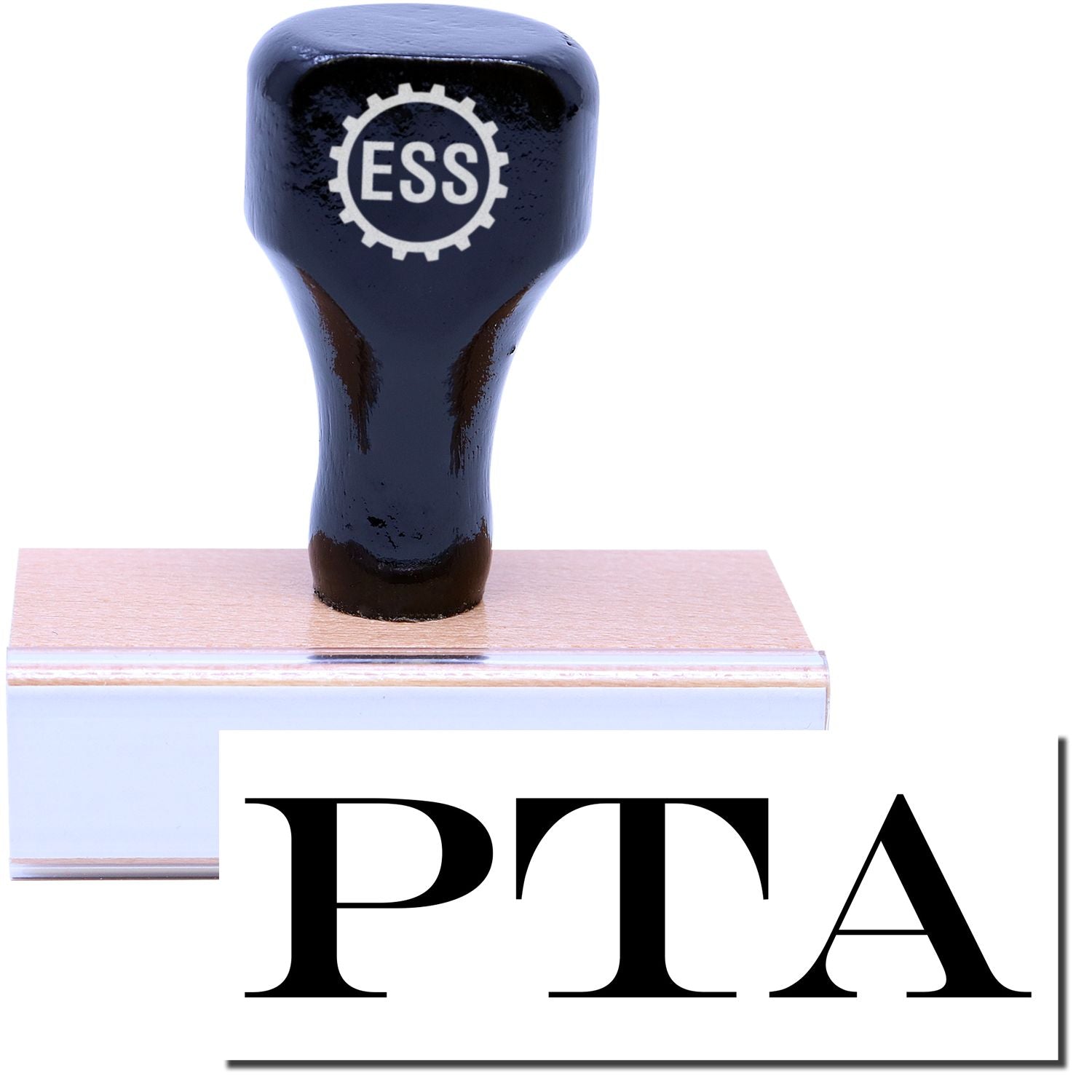 A stock office rubber stamp with a stamped image showing how the text PTA in a large font is displayed after stamping.