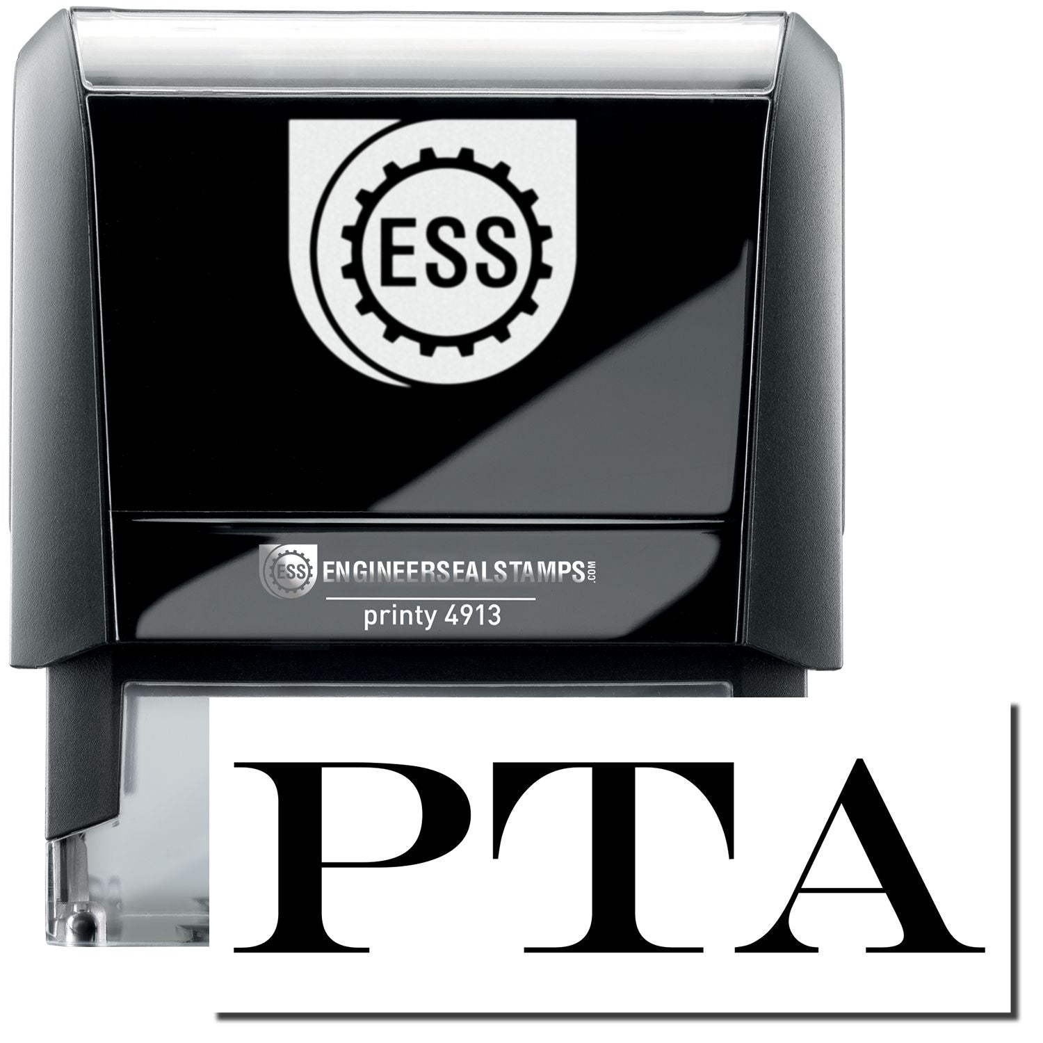 A self-inking stamp with a stamped image showing how the text PTA in a large bold font is displayed by it.