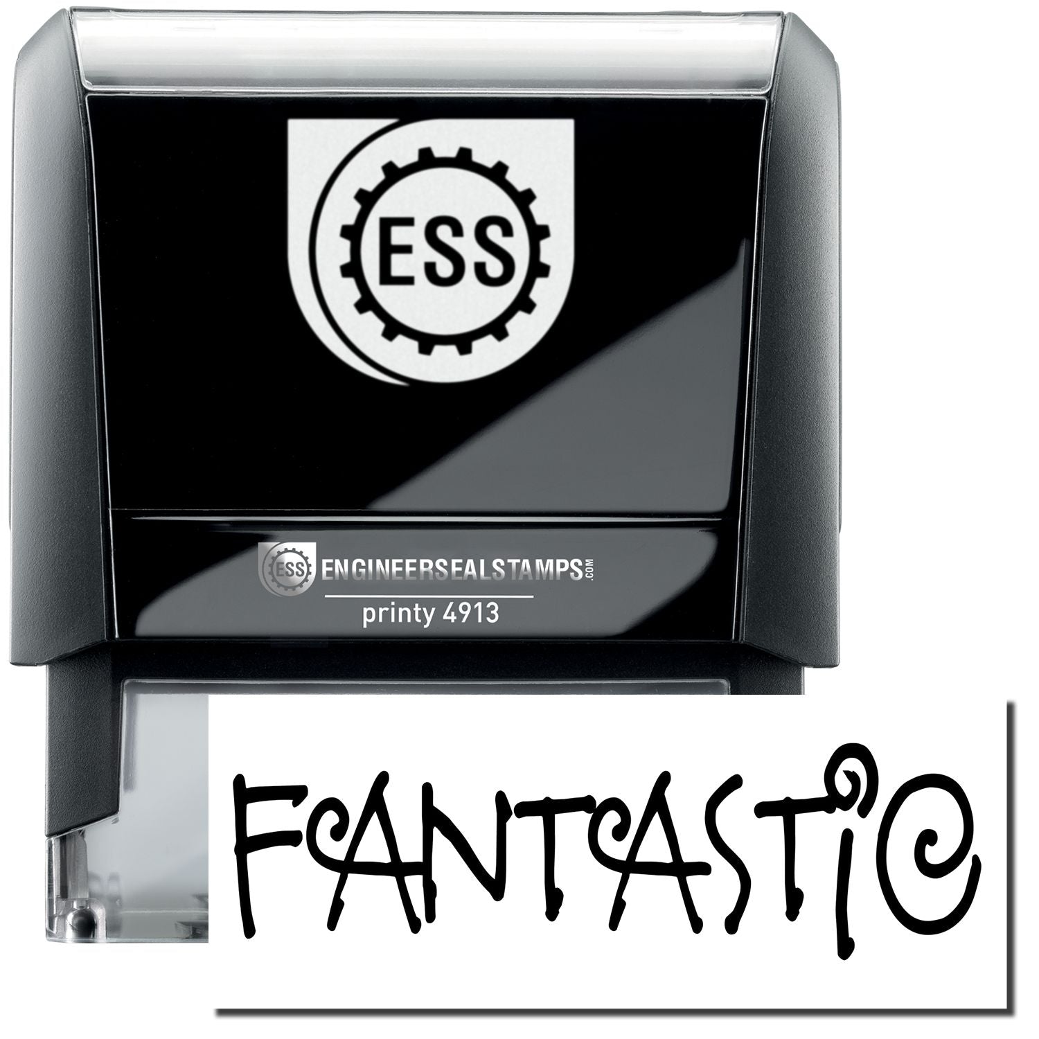 A self-inking stamp with a stamped image showing how the text FANTASTIC in a large unique font is displayed by it.