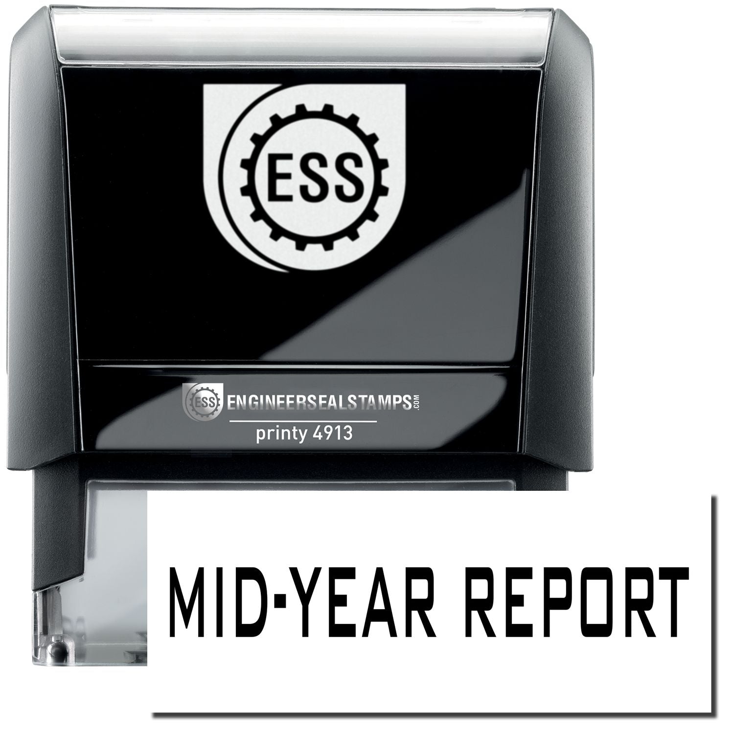 A self-inking stamp with a stamped image showing how the text "MID-YEAR REPORT" in a large bold font is displayed by it.
