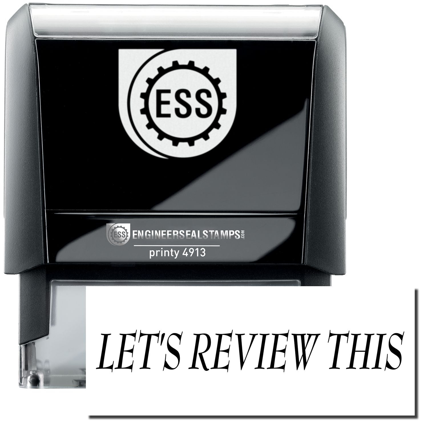 A self-inking stamp with a stamped image showing how the text LET'S REVIEW THIS in a large font is displayed by it.