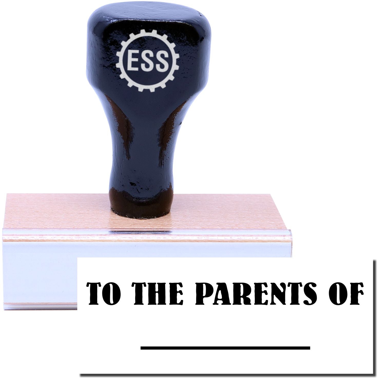 A stock office rubber stamp with a stamped image showing how the text TO THE PARENTS OF in a large font with a line underneath is displayed after stamping.