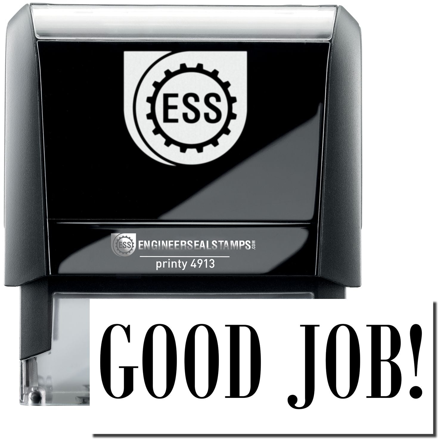 A self-inking stamp with a stamped image showing how the text GOOD JOB! in a large bold font is displayed by it.