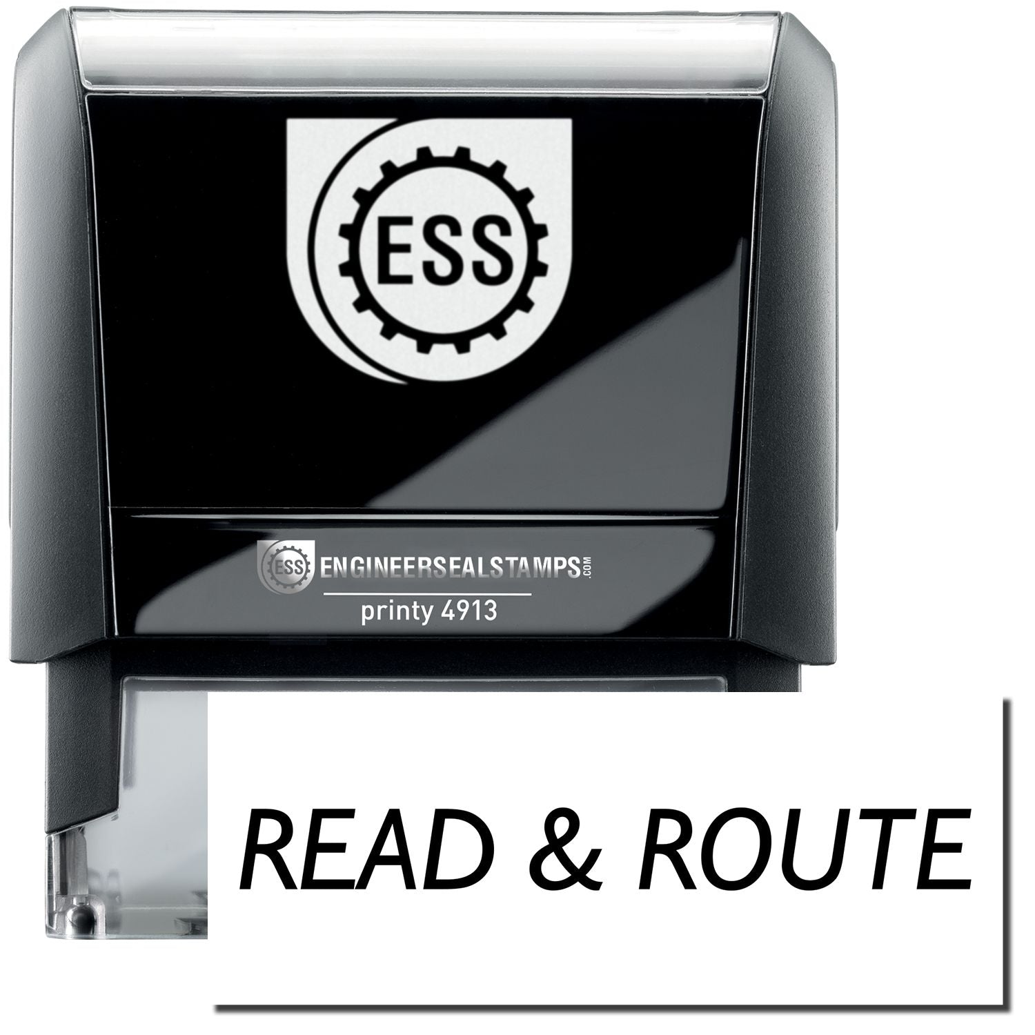 A self-inking stamp with a stamped image showing how the text READ & ROUTE in a large bold font is displayed by it.