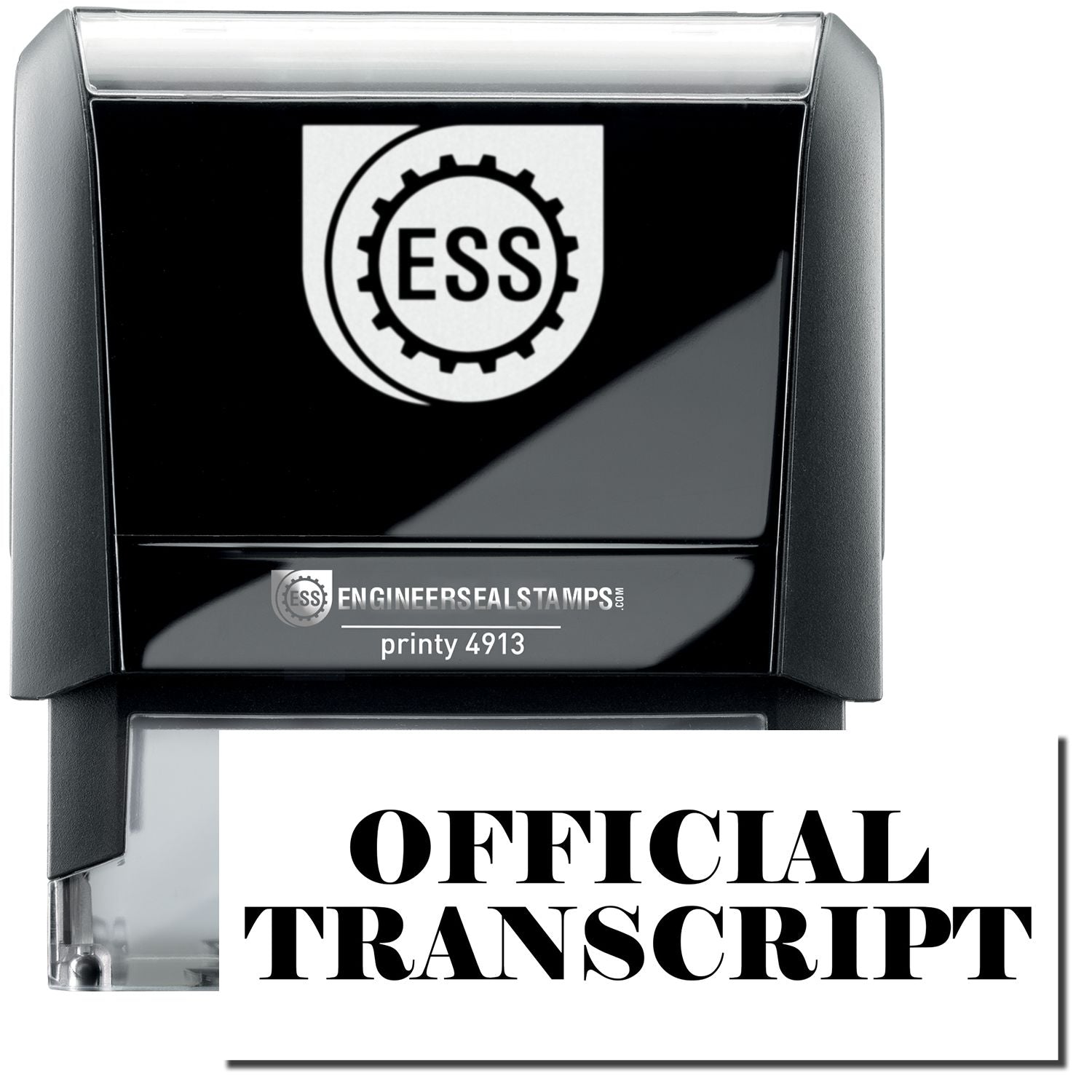 A self-inking stamp with a stamped image showing how the text OFFICIAL TRANSCRIPT in a large bold font is displayed by it.