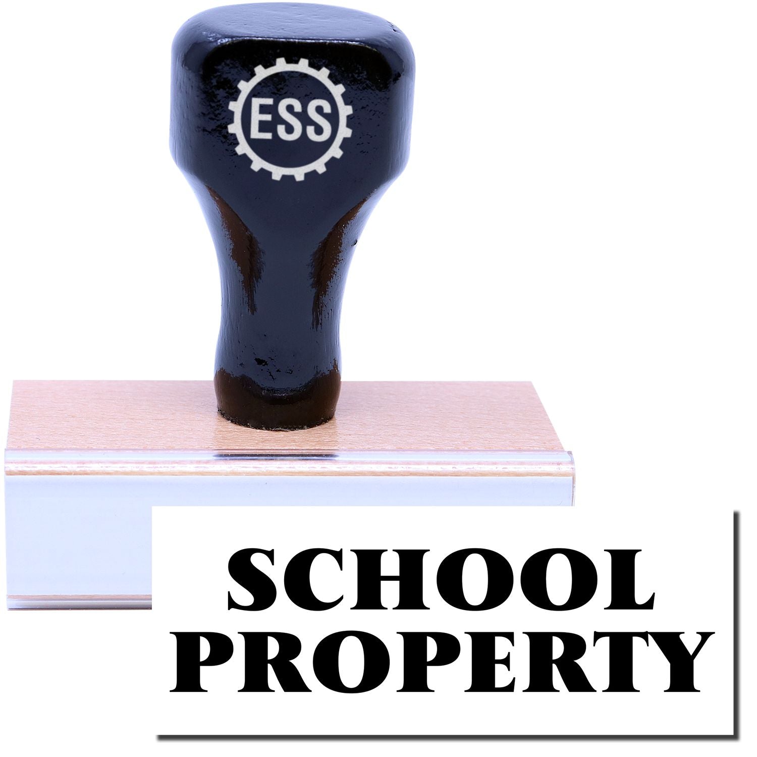 A stock office rubber stamp with a stamped image showing how the text SCHOOL PROPERTY in a large font is displayed after stamping.