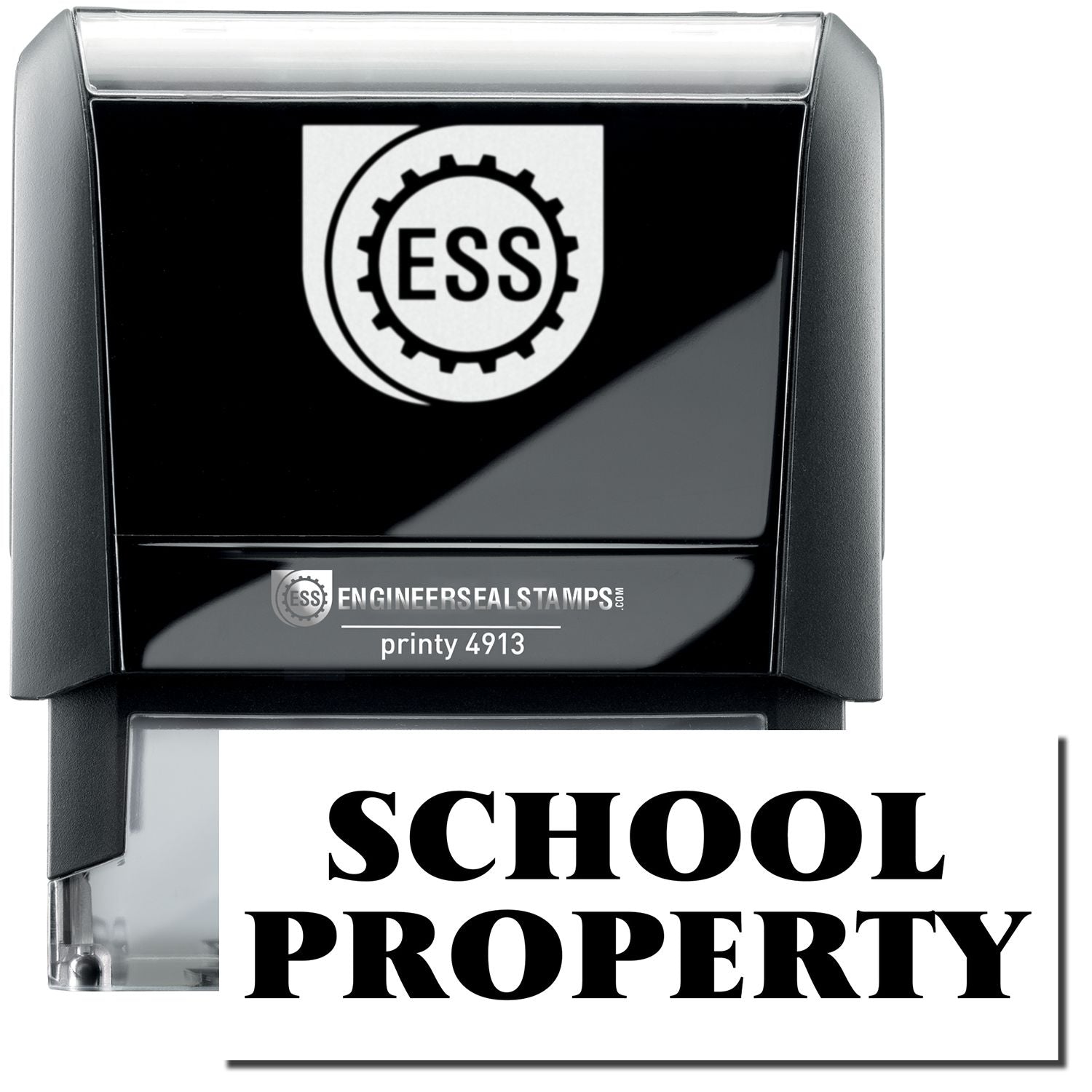 A self-inking stamp with a stamped image showing how the text SCHOOL PROPERTY in a large bold font is displayed by it.