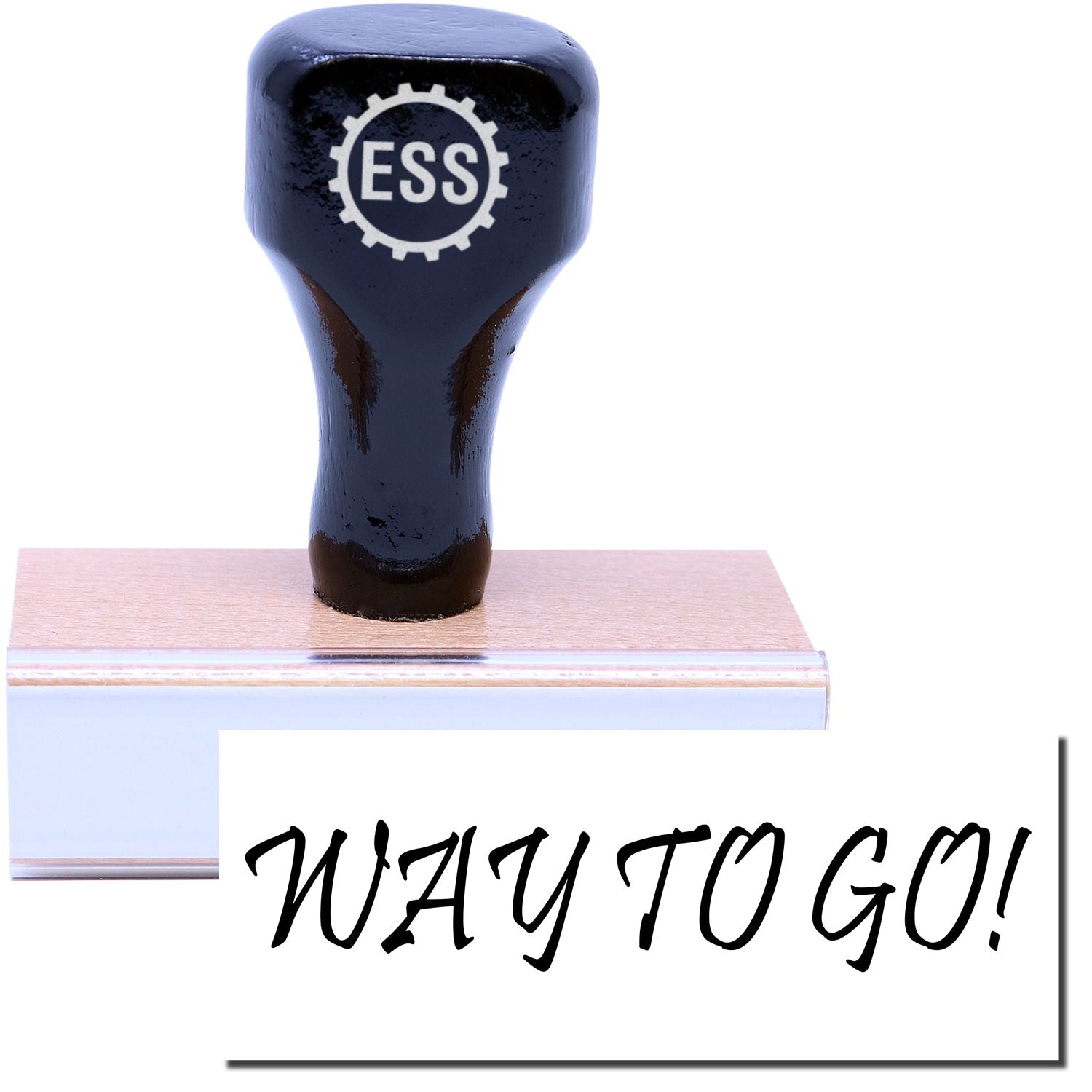 A stock office rubber stamp with a stamped image showing how the text WAY TO GO! in a large font is displayed after stamping.