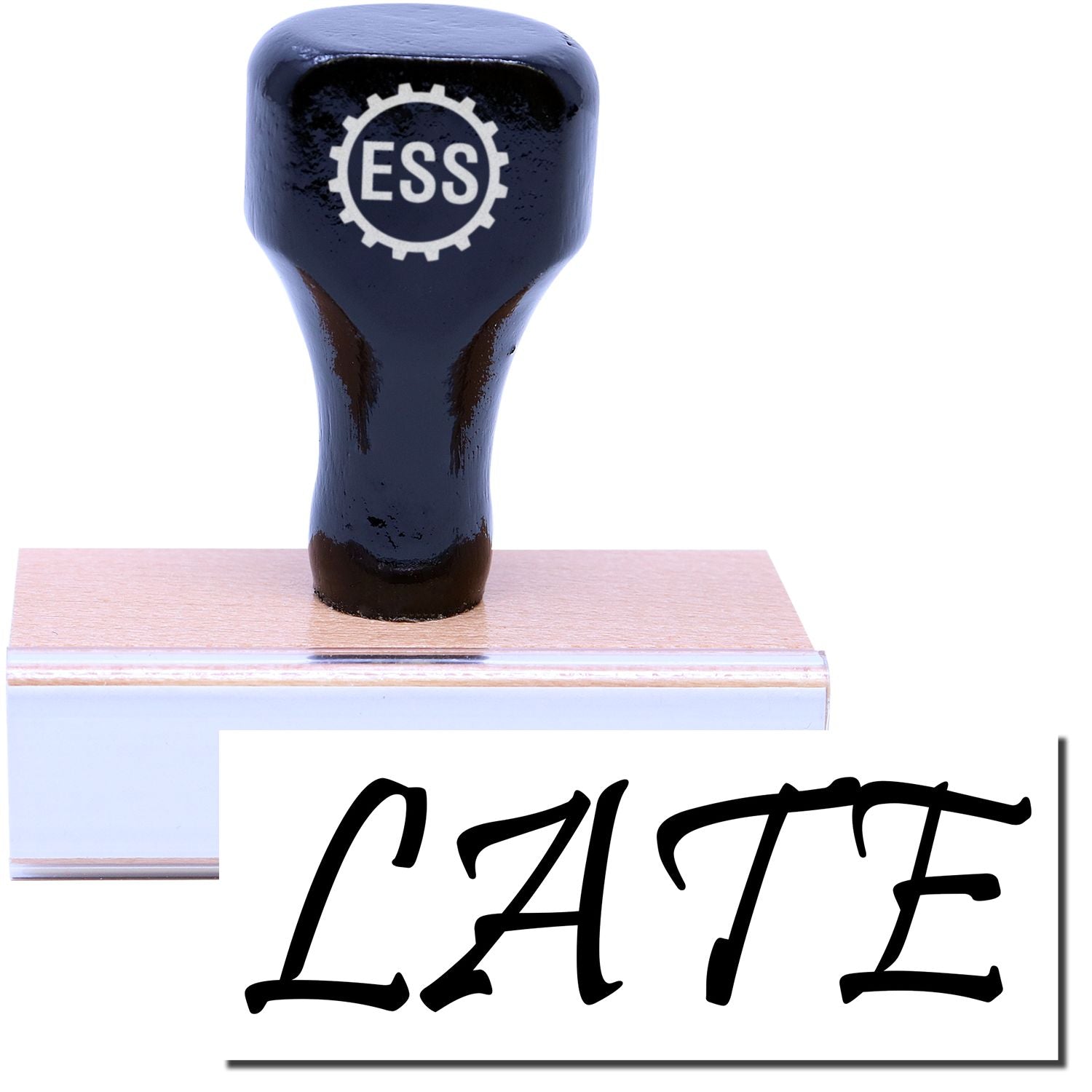 A stock office rubber stamp with a stamped image showing how the text LATE in a large font is displayed after stamping.