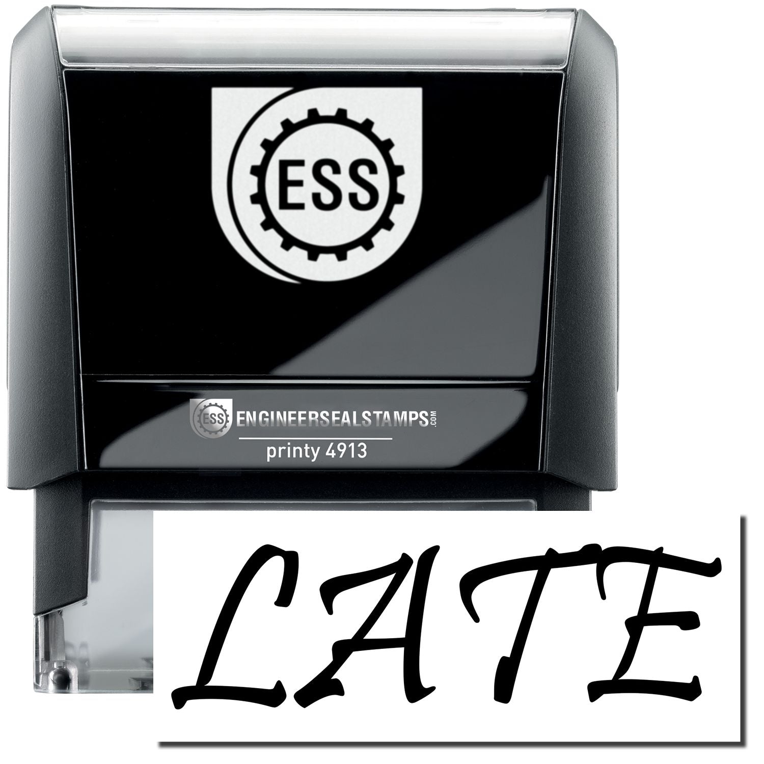 A self-inking stamp with a stamped image showing how the text LATE in a unique large bold font is displayed by it.