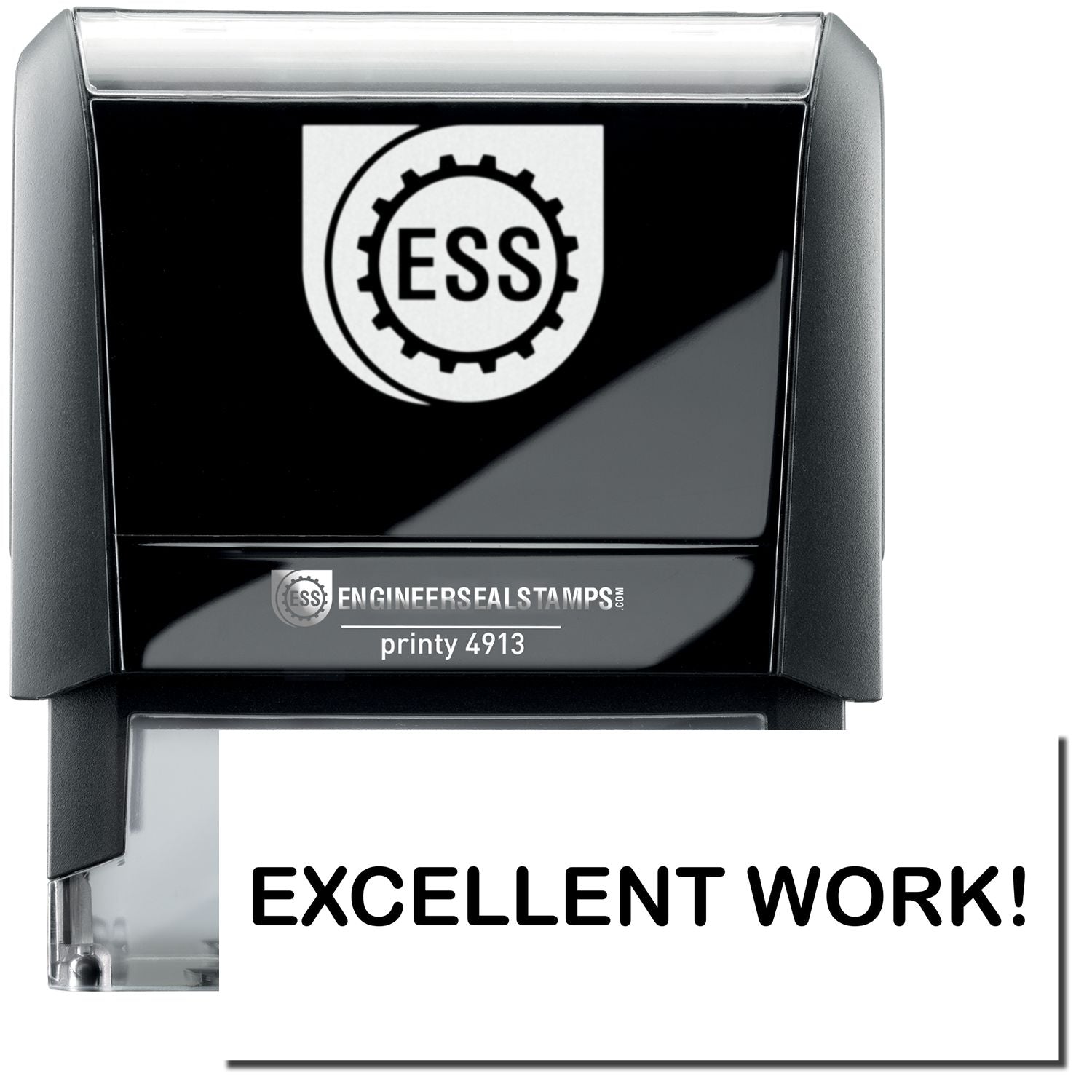 A self-inking stamp with a stamped image showing how the text EXCELLENT WORK! in a large bold font is displayed by it.