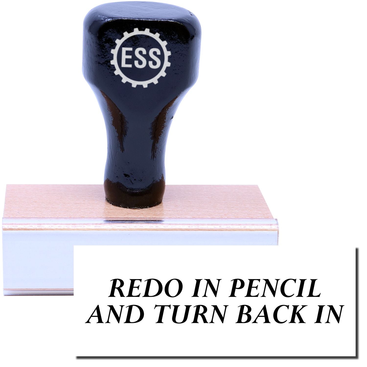 A stock office rubber stamp with a stamped image showing how the text REDO IN PENCIL AND TURN BACK IN in a large font is displayed after stamping.