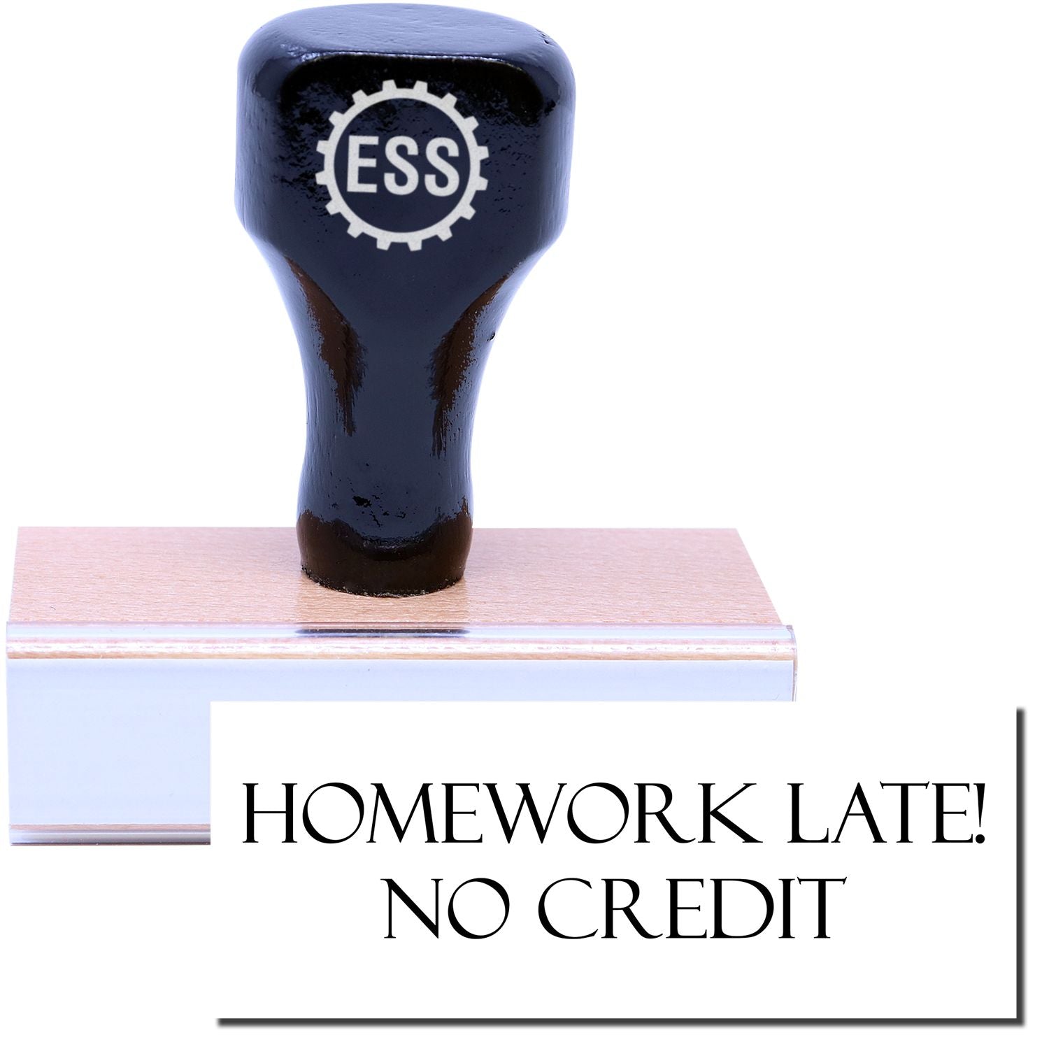 A stock office rubber stamp with a stamped image showing how the text "HOMEWORK LATE! NO CREDIT" in a large font is displayed after stamping.