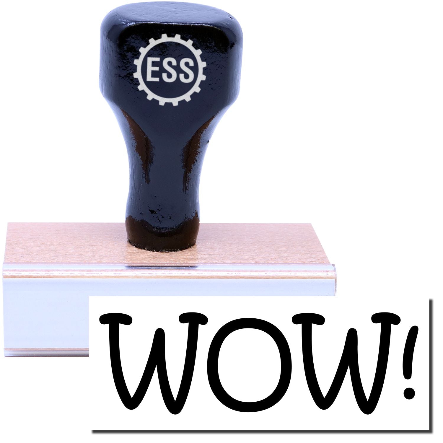 A stock office rubber stamp with a stamped image showing how the text WOW! in a large font is displayed after stamping.