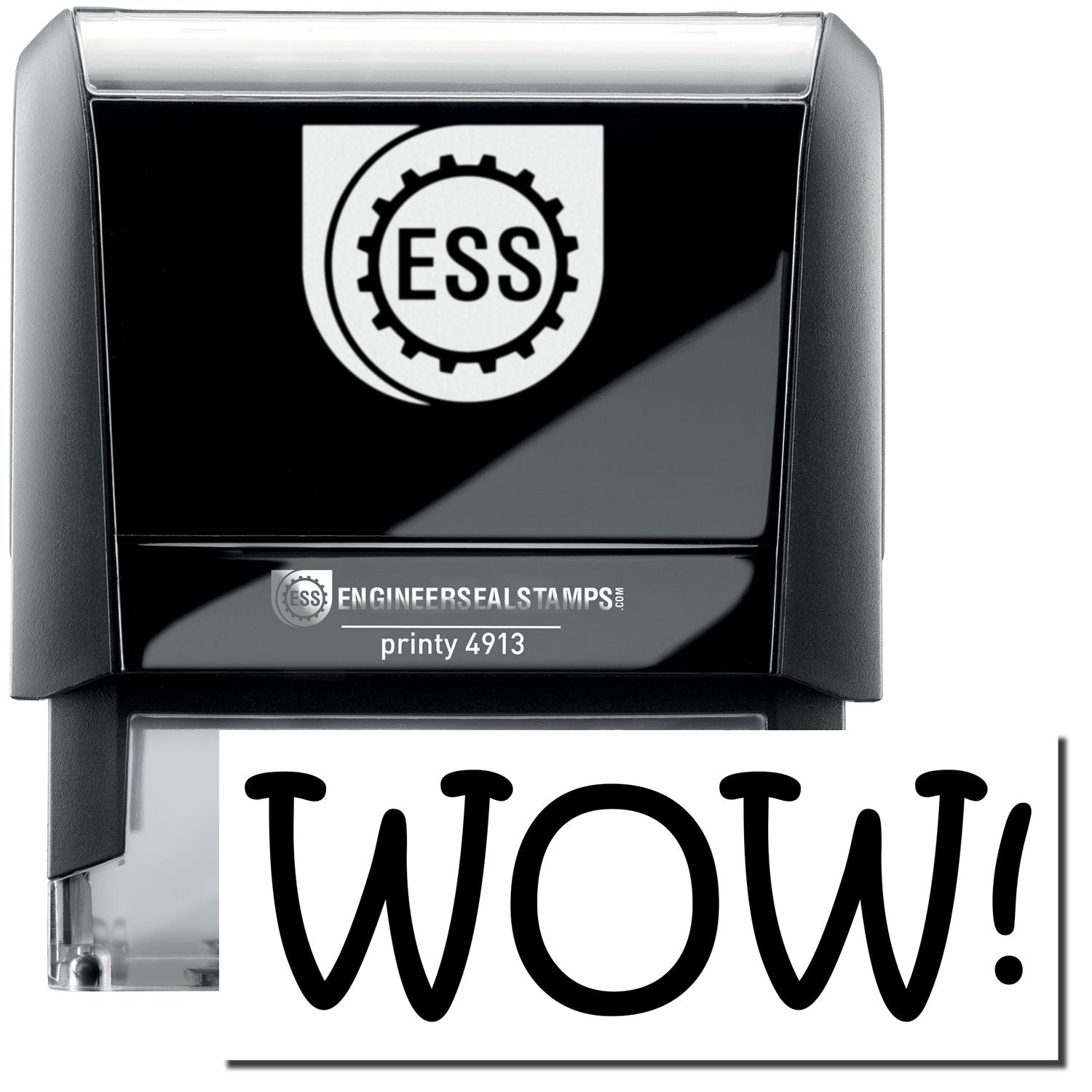 A self-inking stamp with a stamped image showing how the text WOW! in a large bold font is displayed by it after stamping.