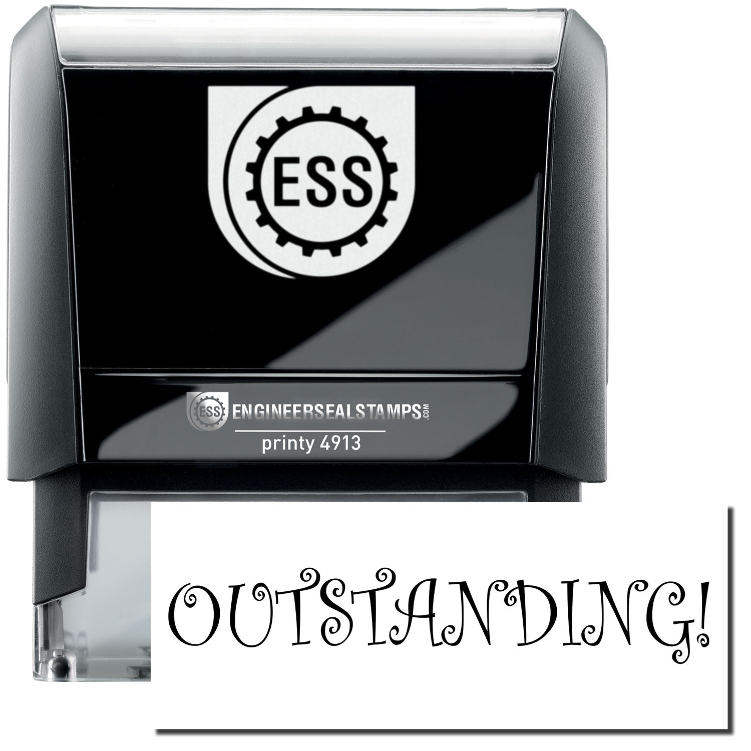 A self-inking stamp with a stamped image showing how the text OUTSTANDING! in a large unique font is displayed by it after stamping.