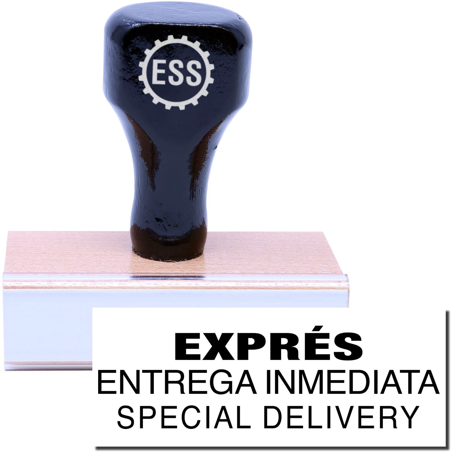 A stock office rubber stamp with a stamped image showing how the text EXPRES ENTREGA IMMEDIATA SPECIAL DELIVERY is displayed after stamping.