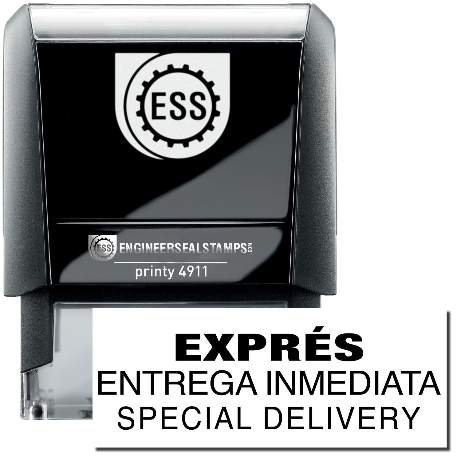 A self-inking stamp with a stamped image showing how the text EXPRES ENTREGA IMMEDIATA SPECIAL DELIVERY is displayed after stamping.