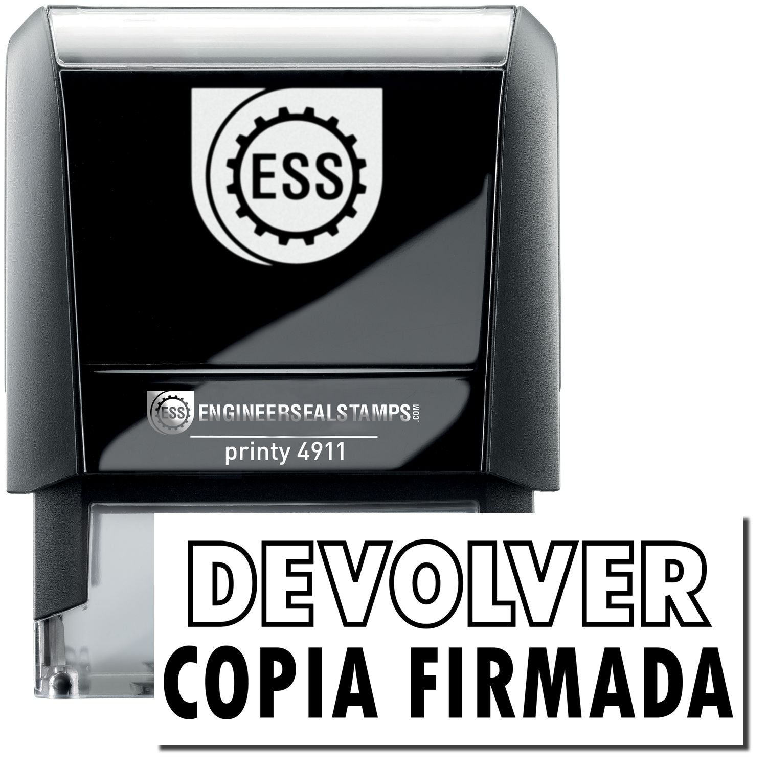 A self-inking stamp with a stamped image showing how the text DEVOLVER COPIA FIRMADA ( DEVOLVER in an outline style) is displayed after stamping.