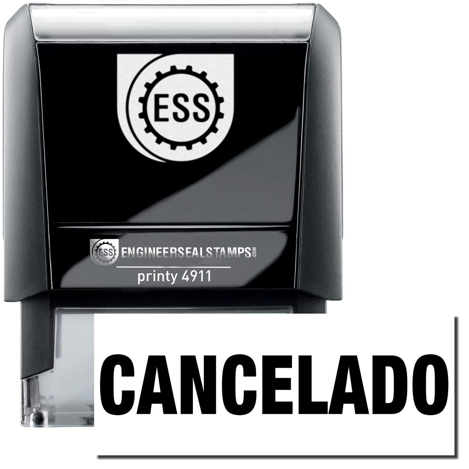 A self-inking stamp with a stamped image showing how the text CANCELADO is displayed after stamping.