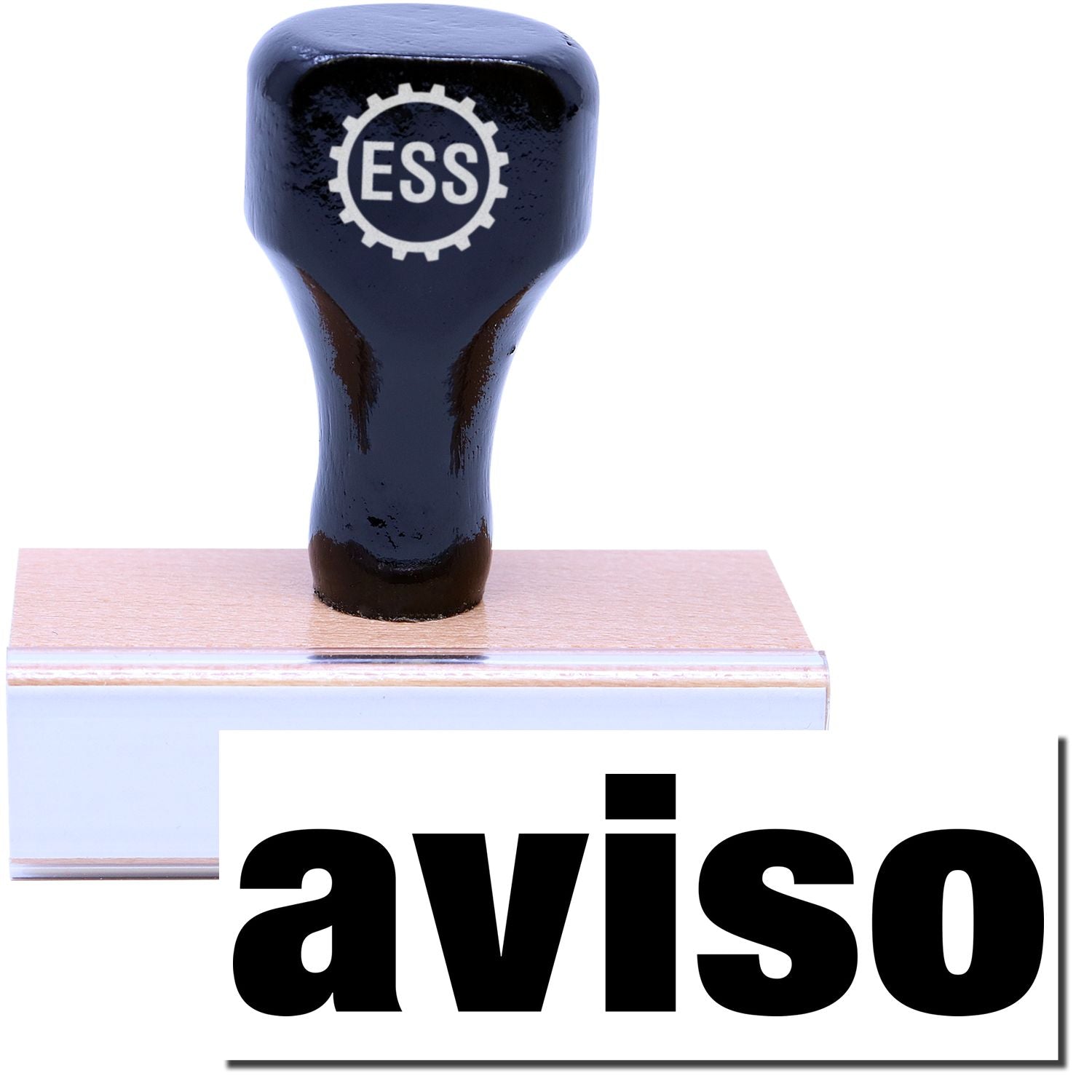 A stock office rubber stamp with a stamped image showing how the text "aviso" is displayed after stamping.