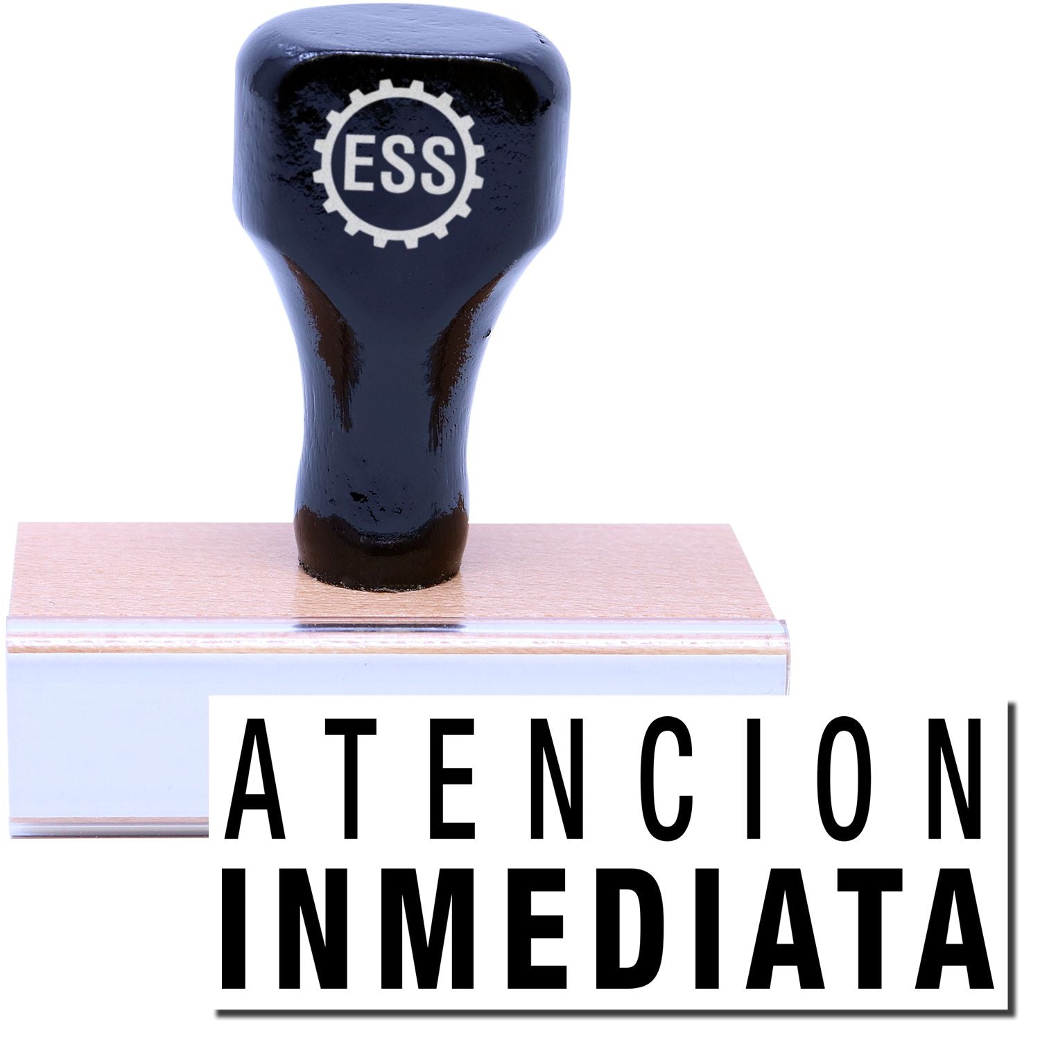 A stock office rubber stamp with a stamped image showing how the text ATENCION INMEDIATA is displayed after stamping.