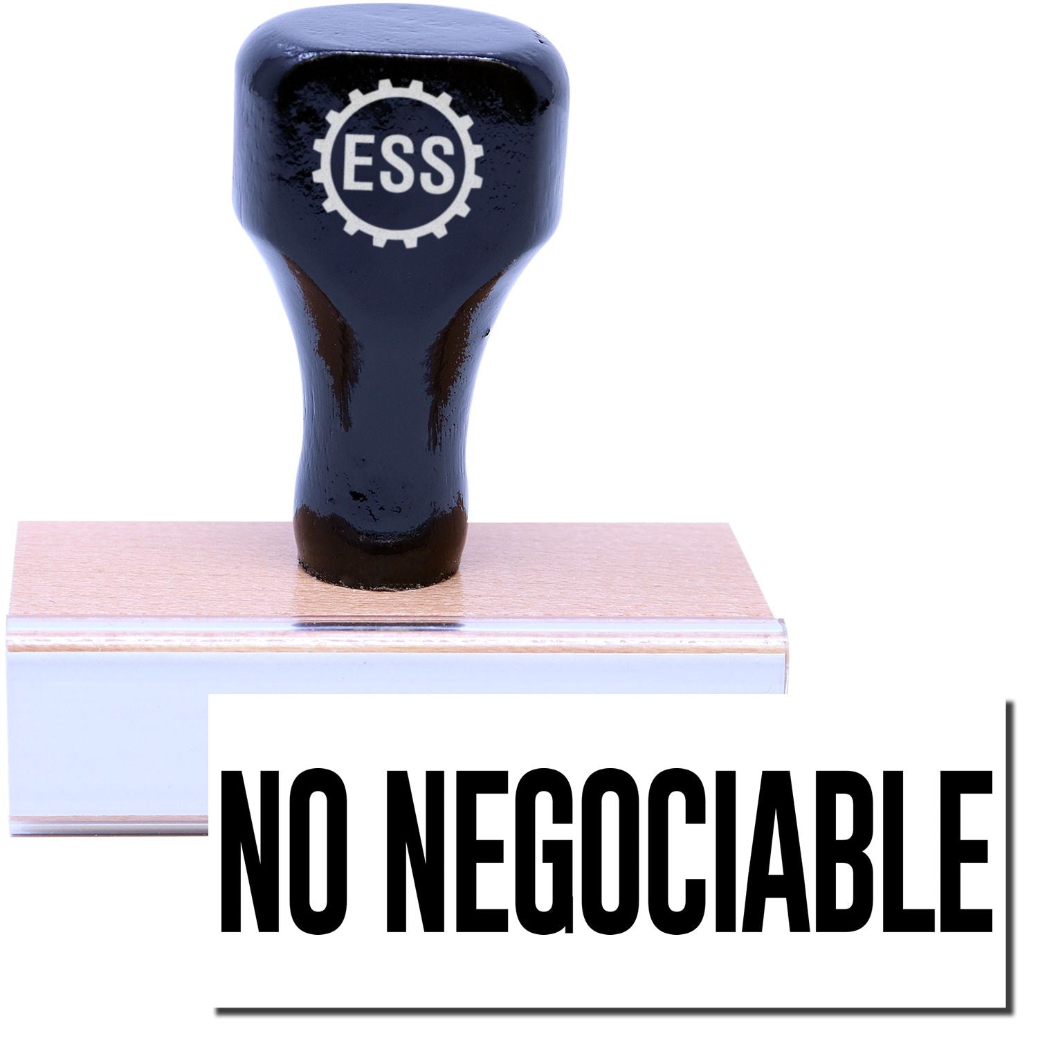 A stock office rubber stamp with a stamped image showing how the text "NO NEGOCIABLE" is displayed after stamping.