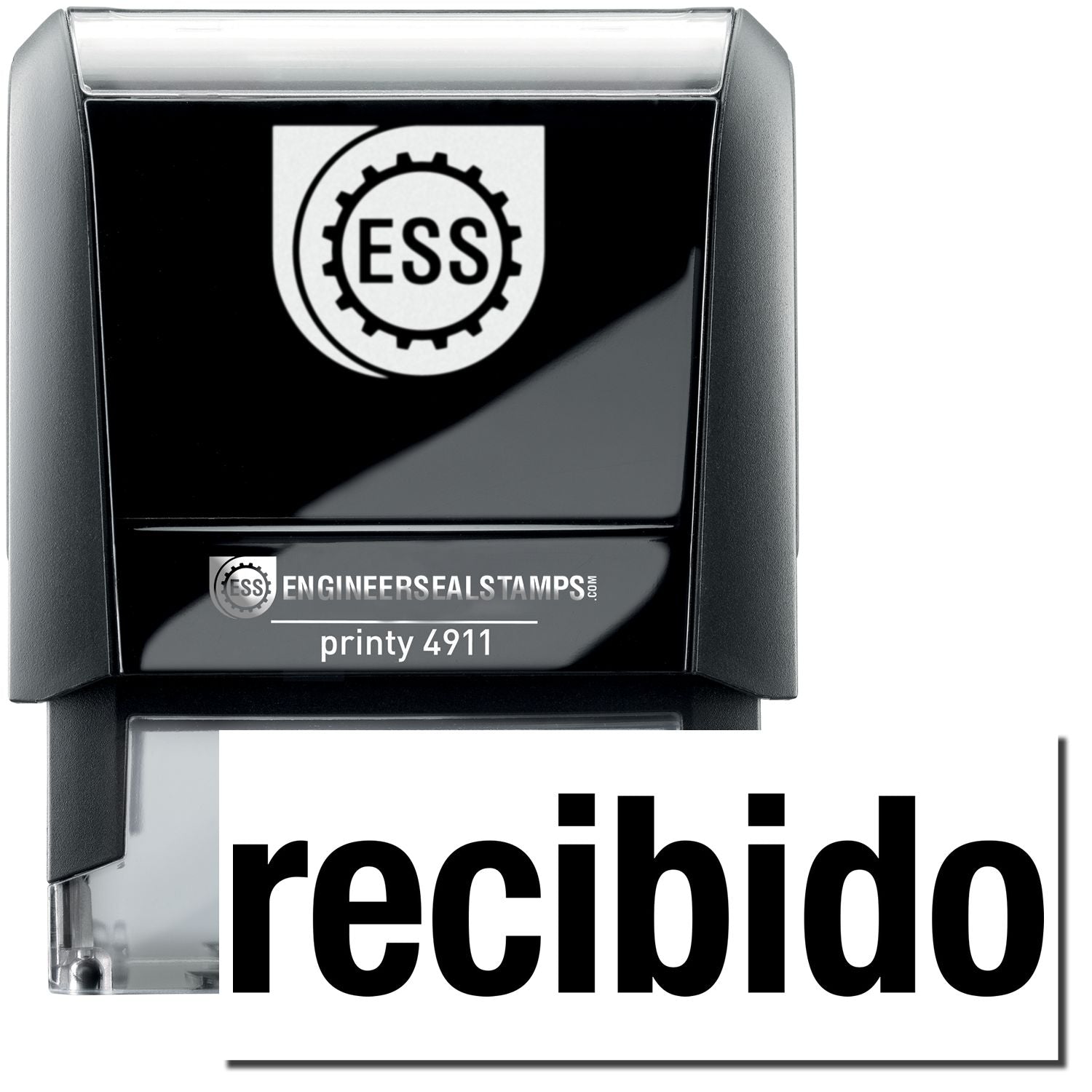 A self-inking stamp with a stamped image showing how the text recibido in bold font is displayed after stamping.