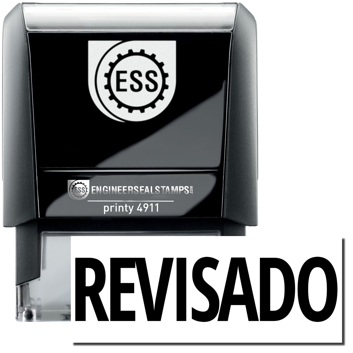 Self Inking Revisado Stamp with a black casing, clear base, and the word REVISADO in bold black letters on a white background.