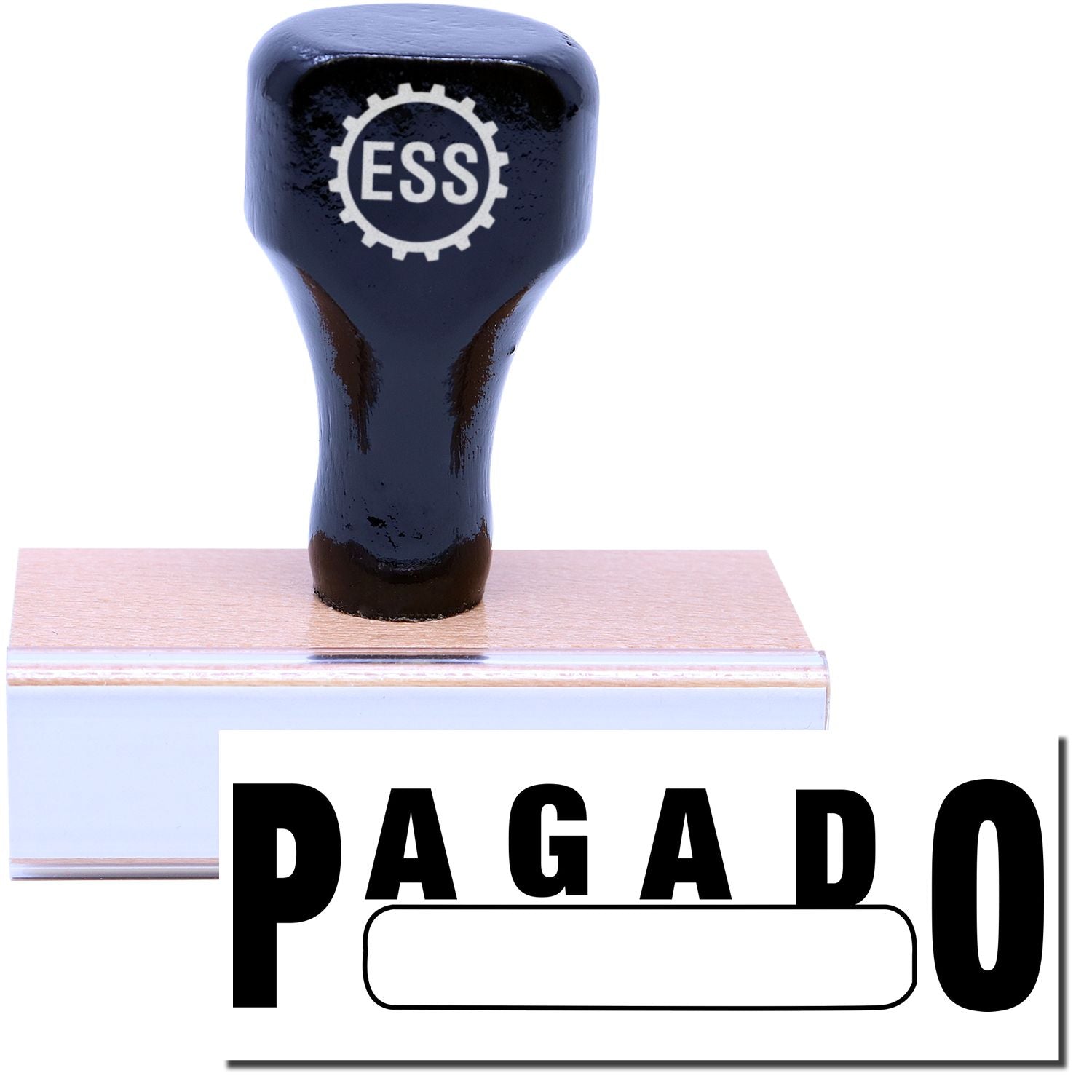 A stock office rubber stamp with a stamped image showing how the text "PAGADO" with a box is displayed after stamping.