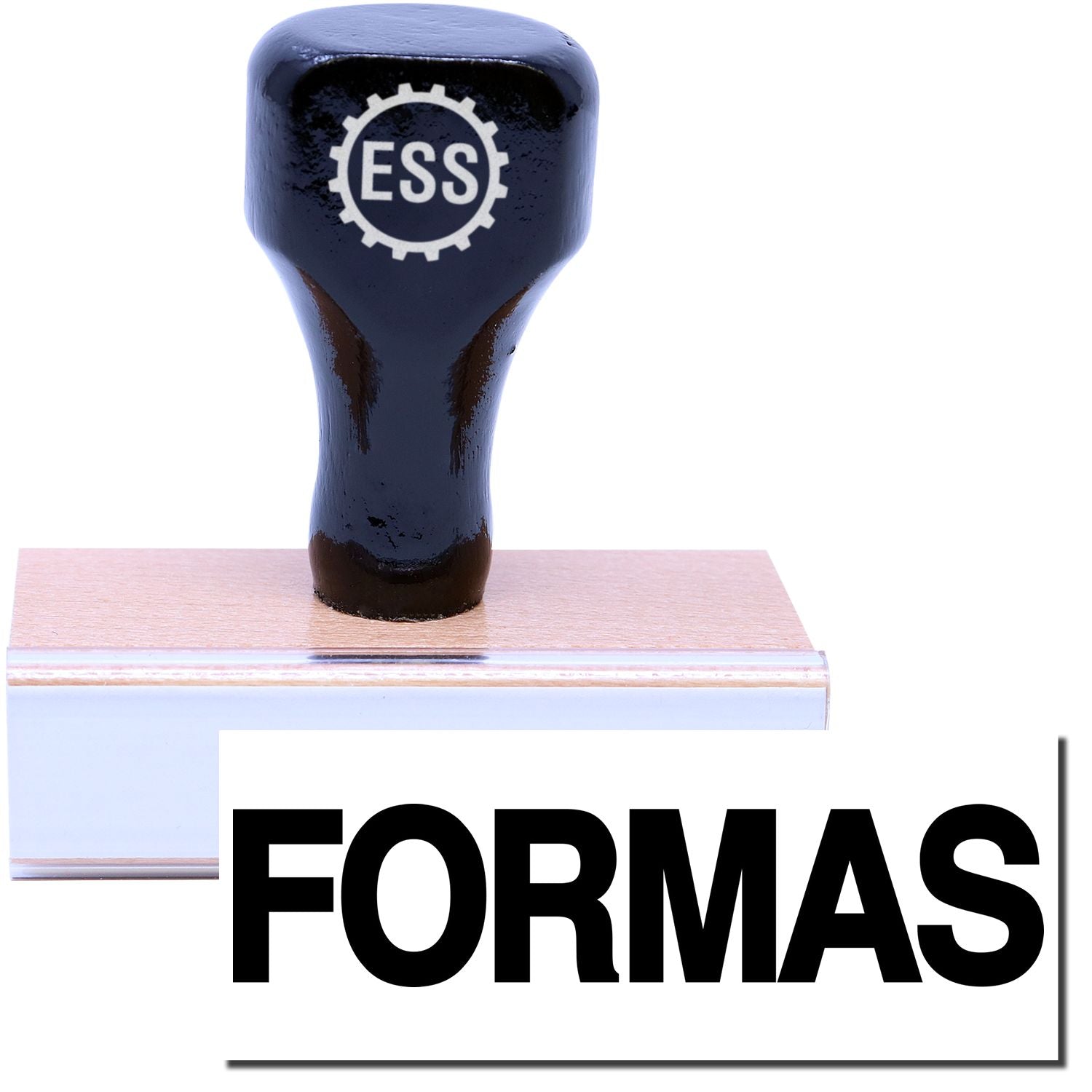 A stock office rubber stamp with a stamped image showing how the text FORMAS is displayed after stamping.