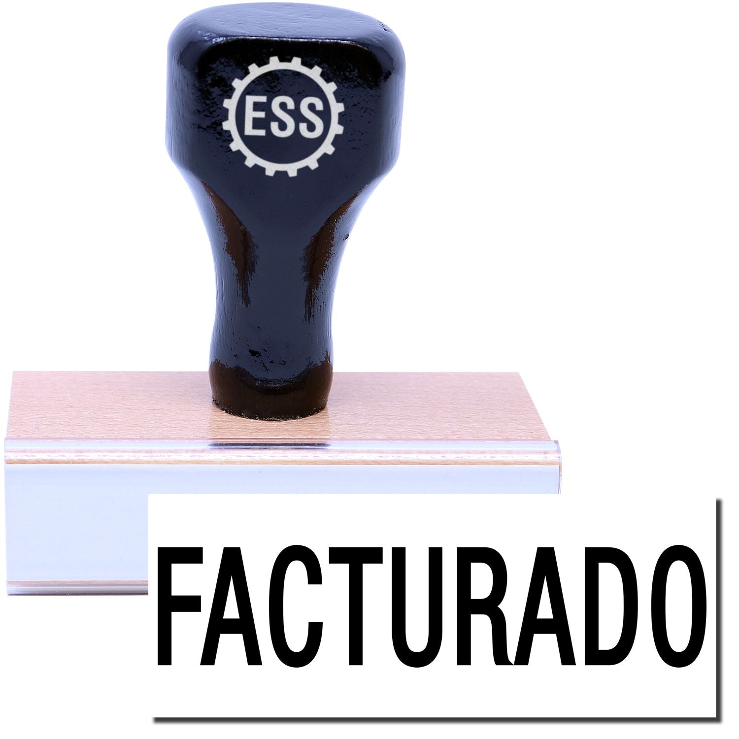 Facturado Rubber Stamp with a black wooden handle and ESS logo, shown next to a stamped FACTURADO imprint.