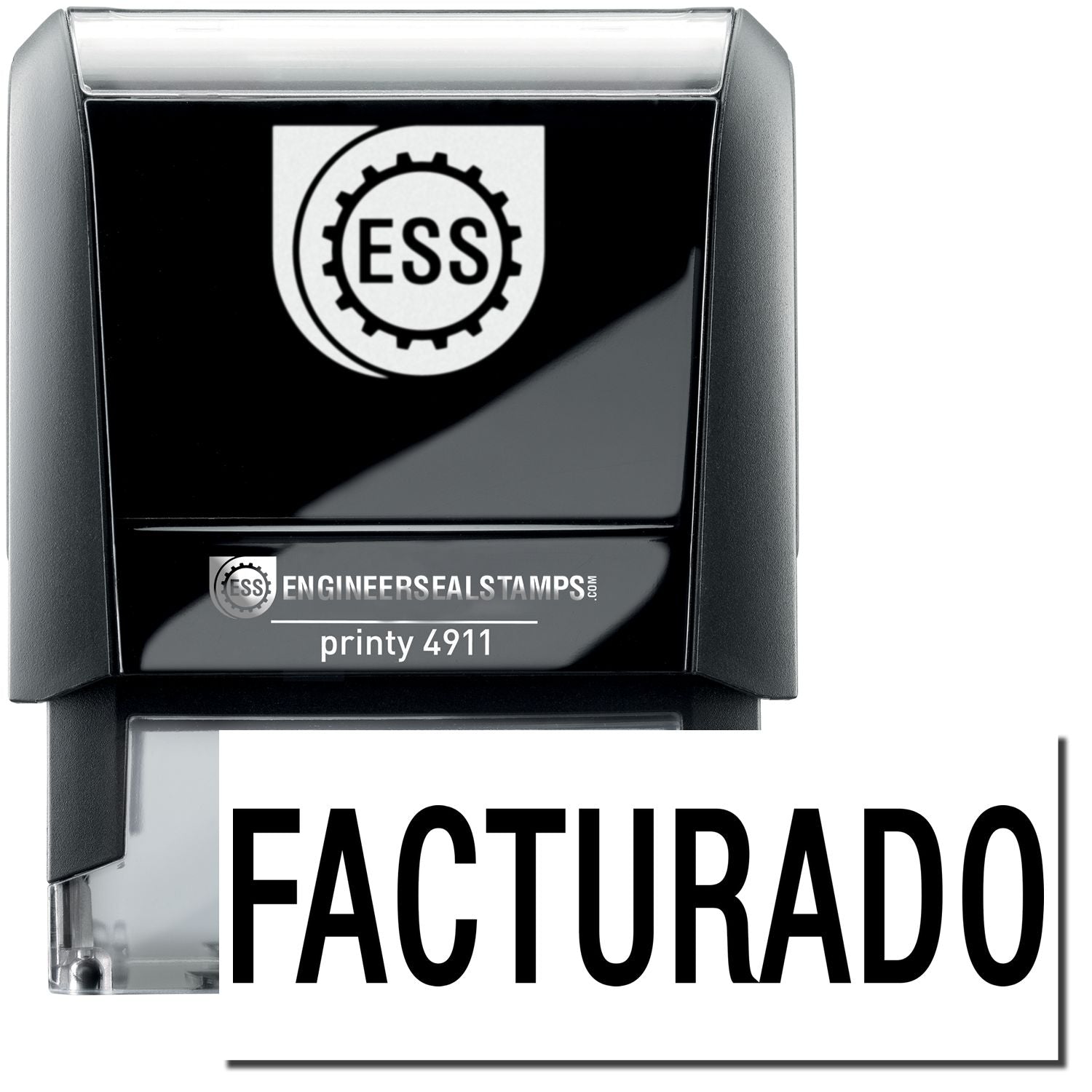 A self-inking stamp with a stamped image showing how the text FACTURADO is displayed after stamping.