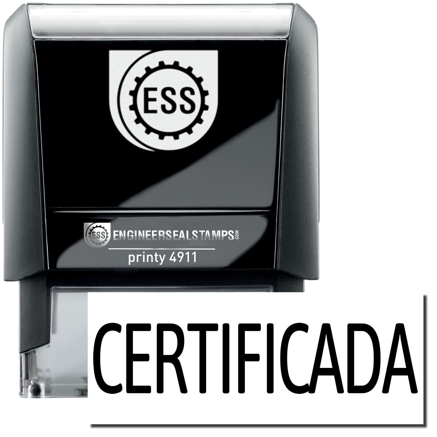 A self-inking stamp with a stamped image showing how the text CERTIFICADA is displayed after stamping.