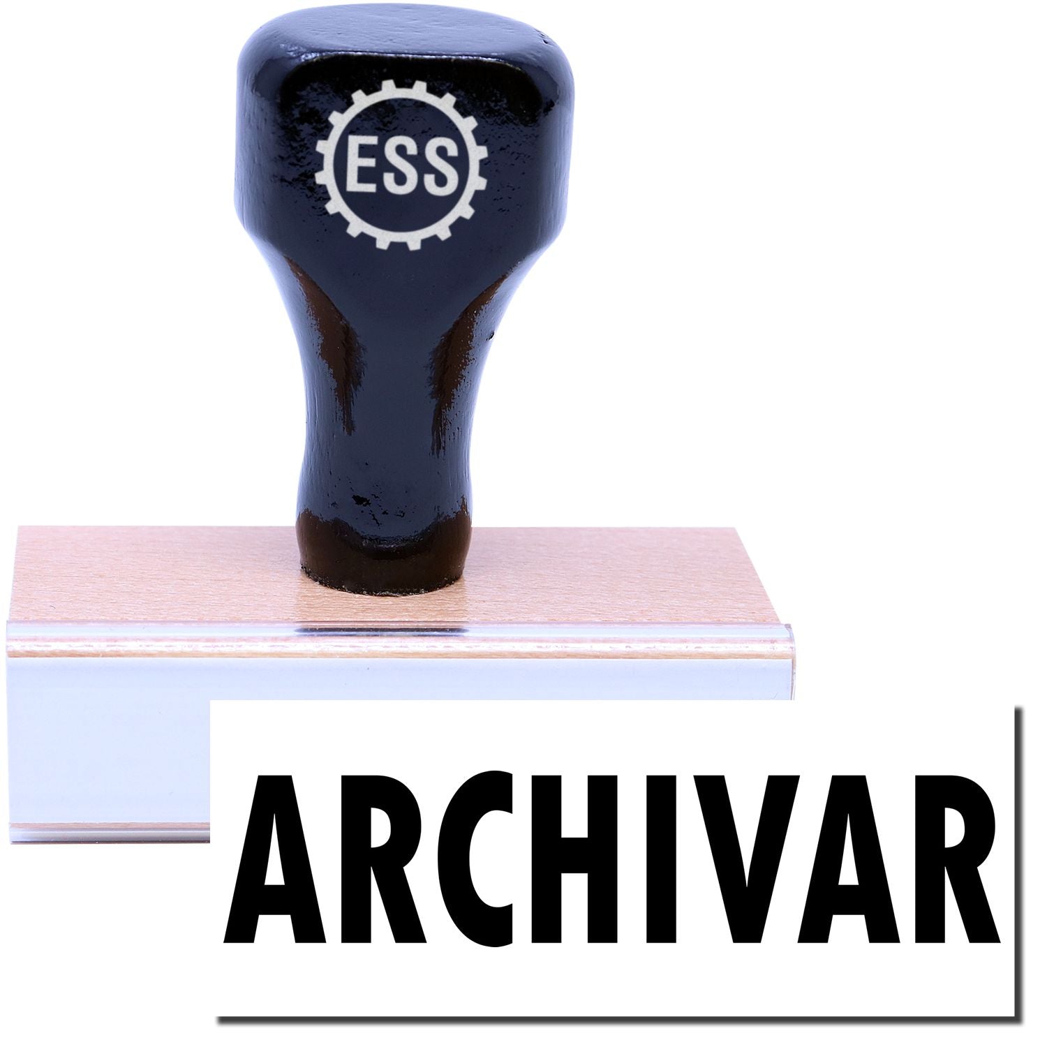 A stock office rubber stamp with a stamped image showing how the text ARCHIVAR is displayed after stamping.